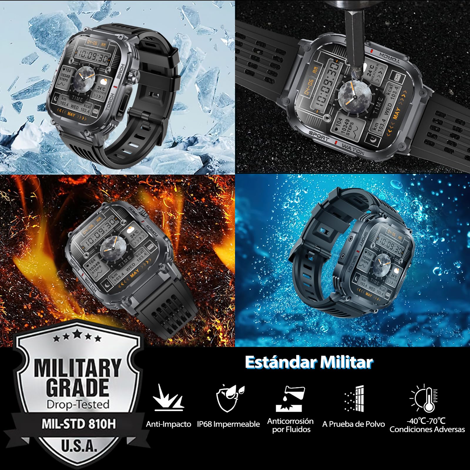 Montre Connectée Homme LED Lampe/Boussole, 2.02" Militaire Smartwatch Homme avec Appel Bluetooth, Asistente de Voz/100+ Modes Sportifs, IP68 Étanche/Podomètre Android iOS