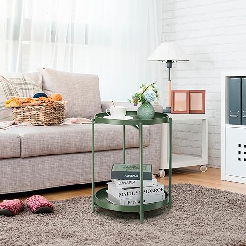 Miniatura 7 de danpinera Mesa auxiliar de metal de 2 niveles con bandeja extraíble, mesa auxiliar plegable al aire libre, mesa auxiliar pequeña, mesa de noche