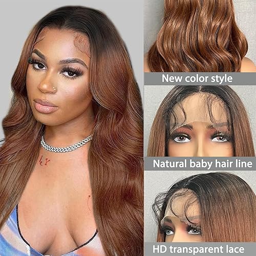 Miniatura 4 de SOKU Pelucas sintéticas onduladas con encaje frontal de 22 pulgadas, peluca ondulada con pelo de bebé, color marrón degradado, sin pegamento,