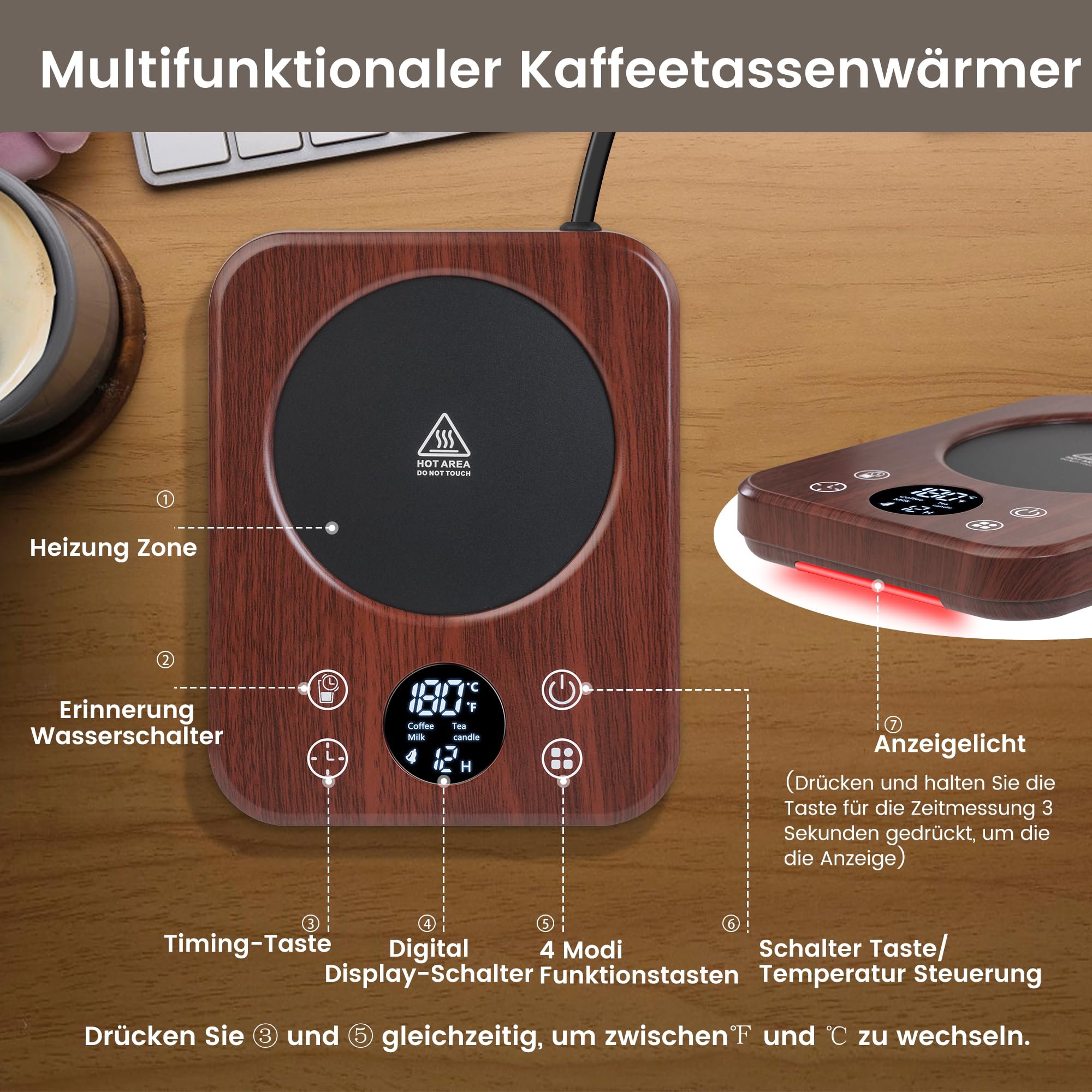 Calentador para Taza Inteligente 9 Niveles Temperatura 40℃-80℃ Apagado Automático 8 Horas Café Leche Té Madera
