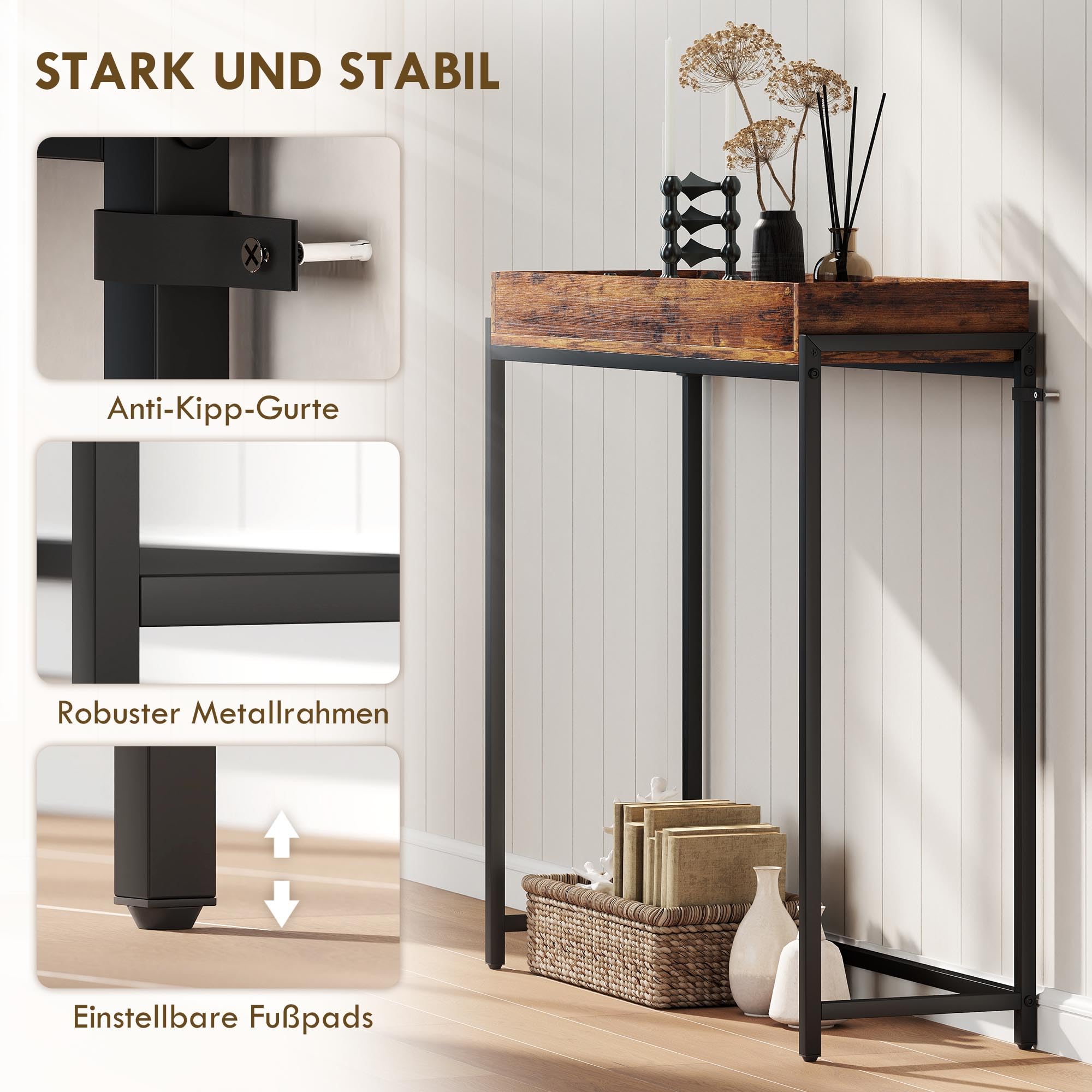 HOMCOM Konsola, stół do przedpokoju z poręczą, 100 x 30 x 91 cm, stolik pomocniczy z metalową ramą, stolik do sofy, mały stół wystawowy do małego pokoju, wejścia, korytarza, salonu, rustykalny brązowy
