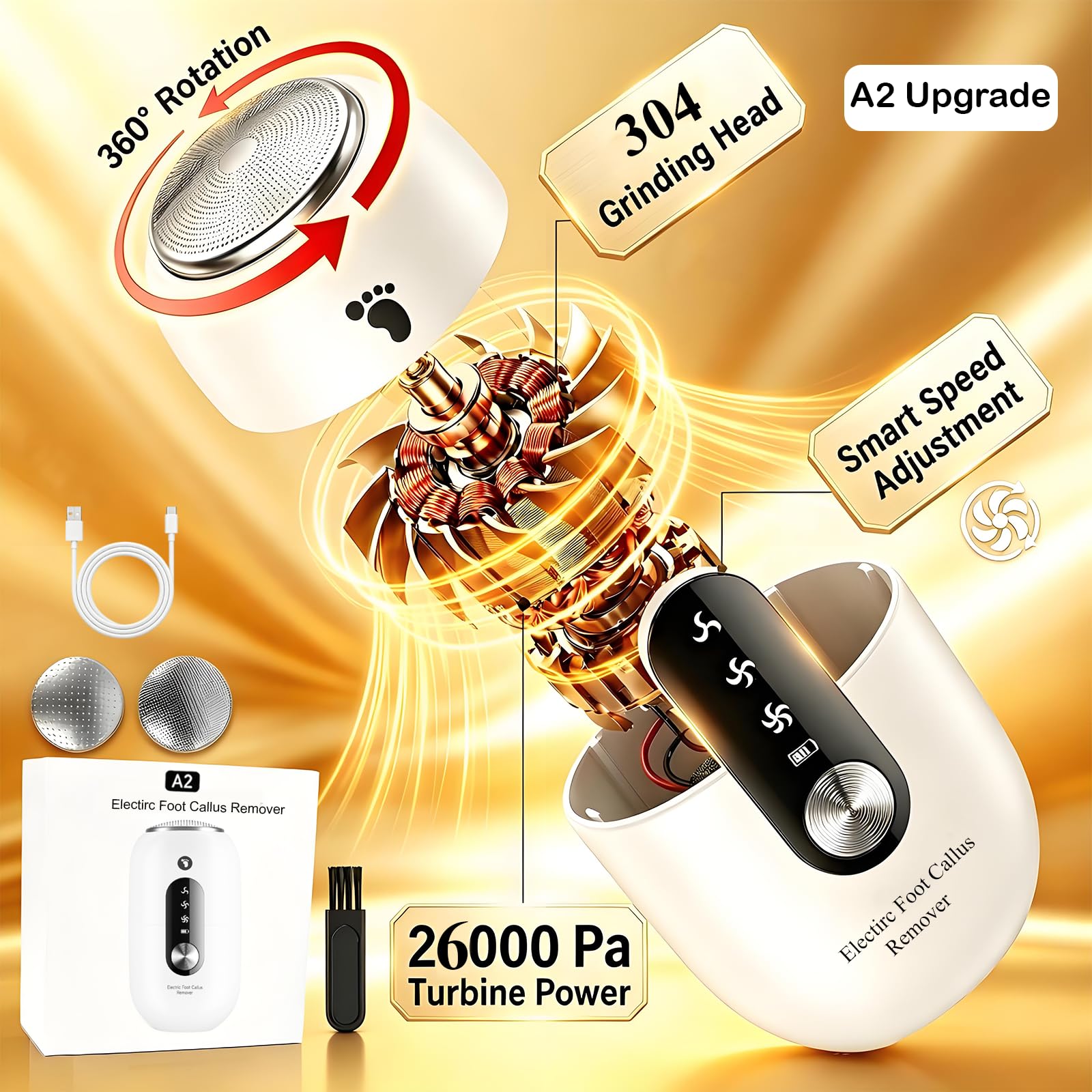 Lima Eléctrica para Pies y Durezas, Quita Callos Pies, Limador de Durezas Eléctrico, Kit Pedicura con 3 Velocidades, Pulidor para Talones, 2 Cabezales de Acero Inoxidable, IPX6 Impermeable