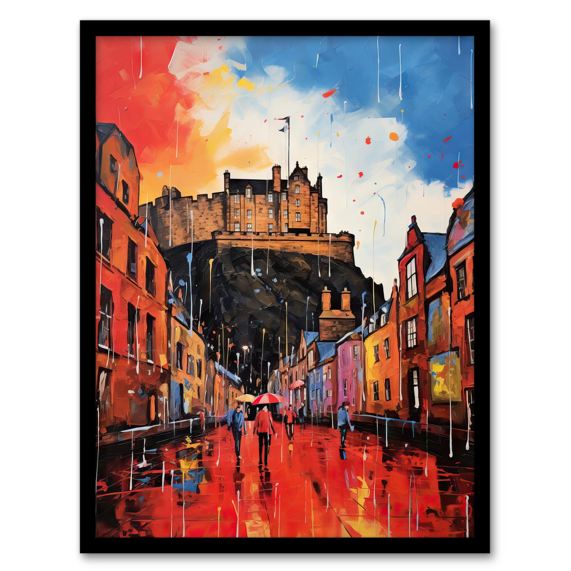 Artery8 Edinburgh Castle Vibrant Oil Painting Autumn Rain Cityscape Artwork Framed Wall Art Print 18X24 Inch