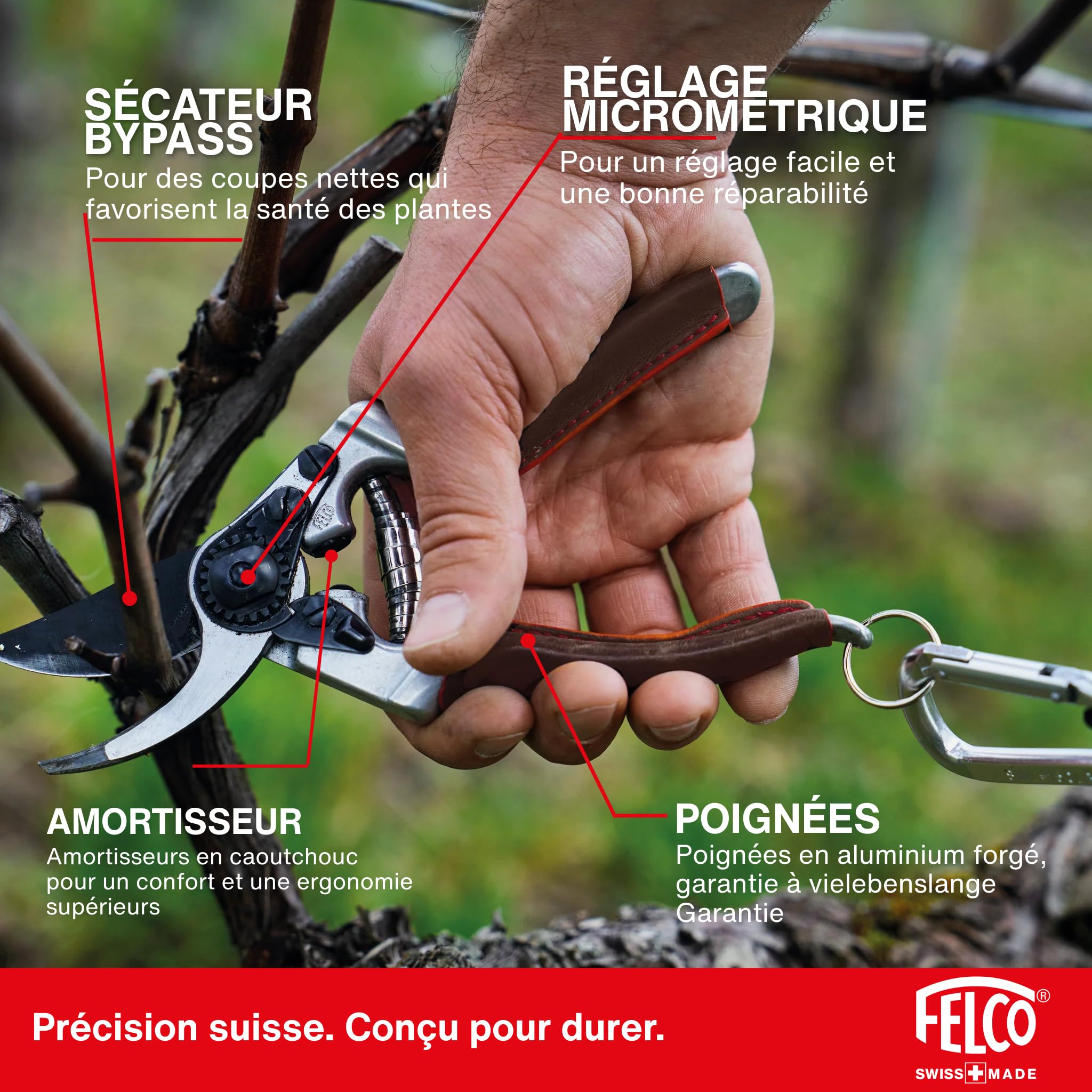 FELCO 8 Elite – Sécateur professionnel droitier pour grandes mains, coupe 25 mm, revêtement F-Tech anti-friction, poignées cuir cousues main, outil ergonomique de taille