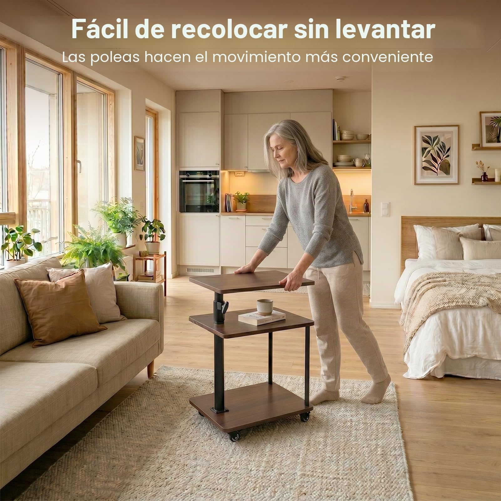 Mesa auxiliar con ruedas, mesa auxiliar sofá ajustable en altura 47-71 cm, mesa giratoria 360°, diseño moderno con 3 niveles de almacenamiento, textura de madera fácil de limpiar, color nogal