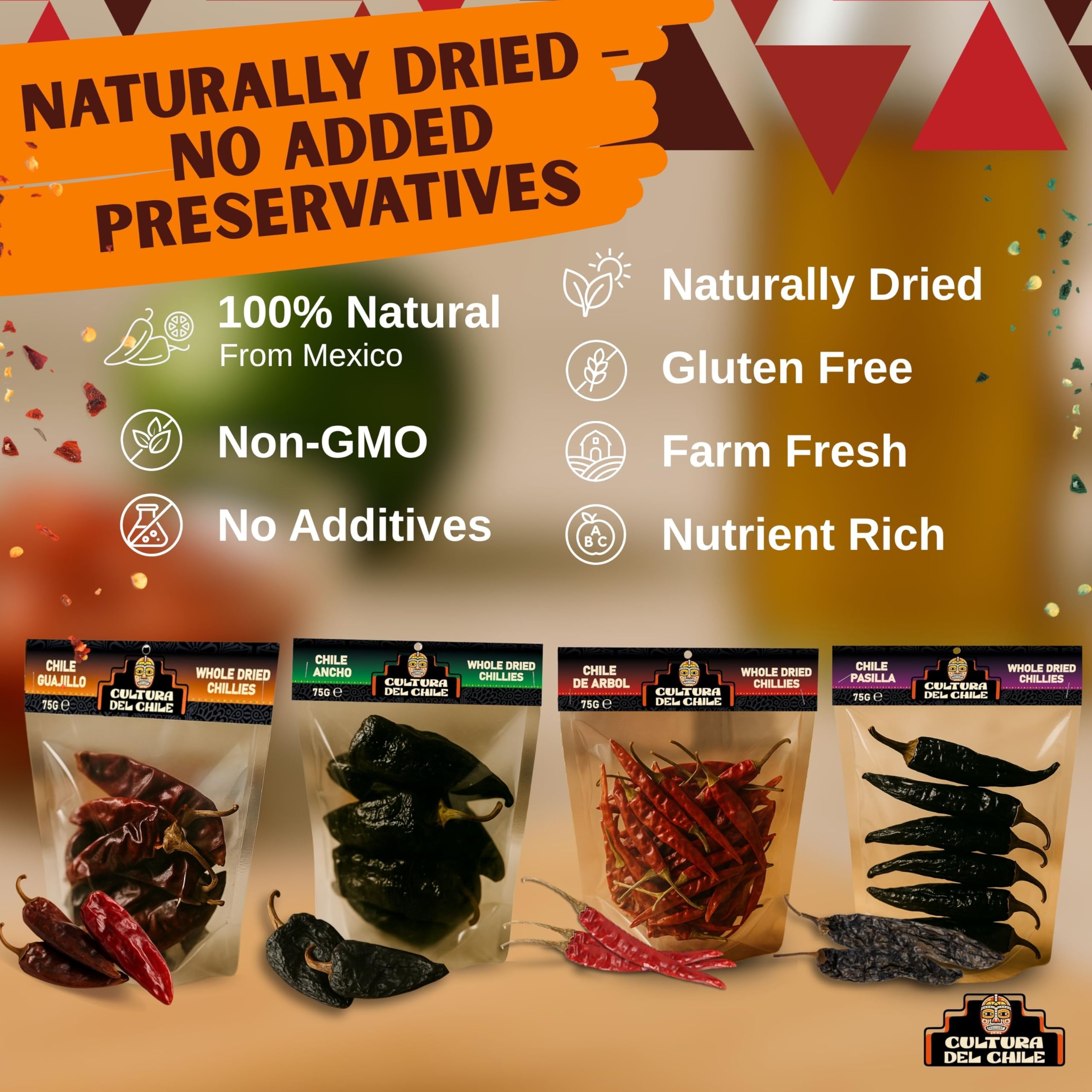 Piments secs entiers mexicains : ancho, guajillo, arbol et pasilla (300 g au total). Piments de base naturels pour un goût mexicain authentique. Idéal pour les tacos Birria, les taupes, les tamales et