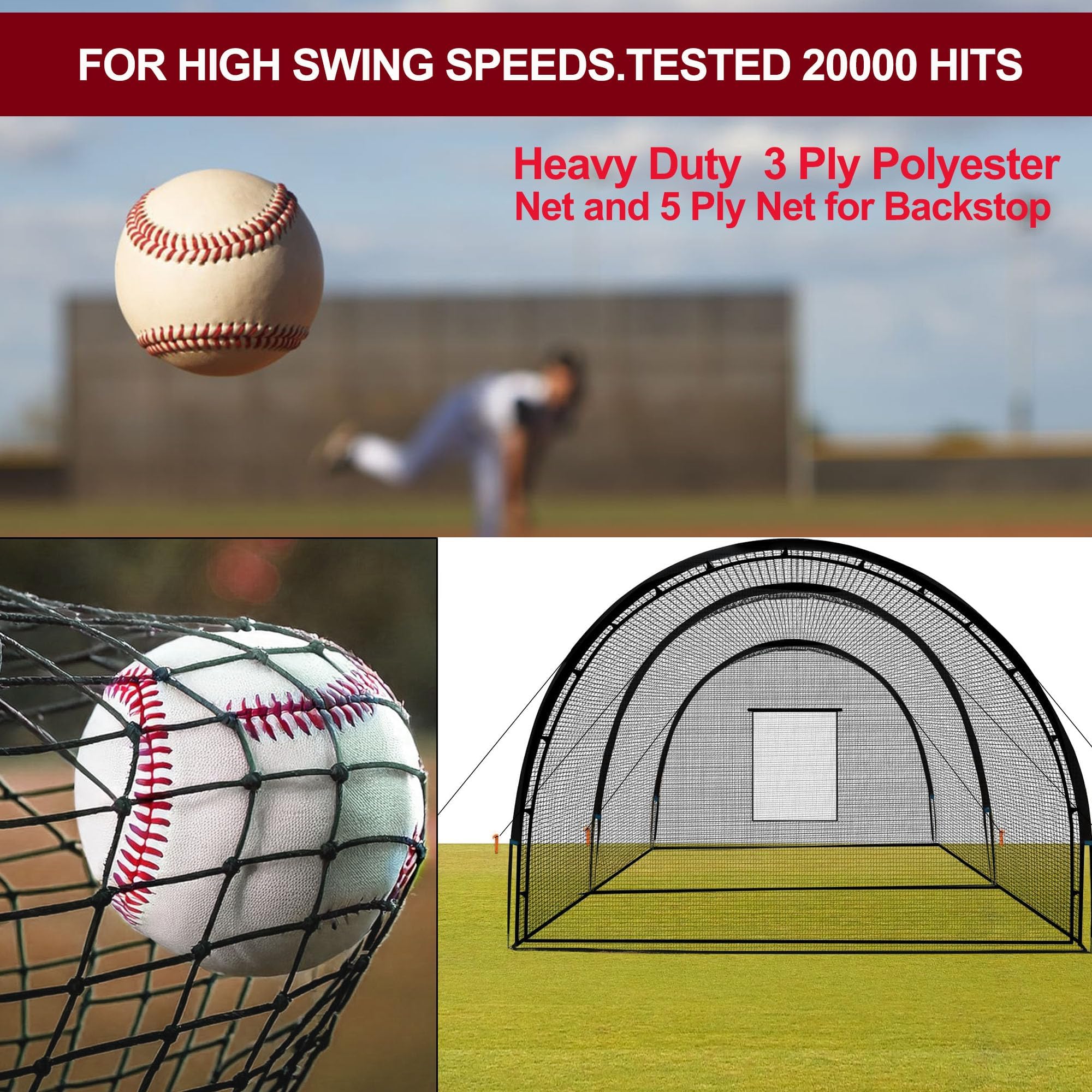 GarveeLife Filet de Cage de Baseball - 10 x 3,65 x 2,4 m - Portable - avec Trou - avec Ouverture de Machine à Pitching - Porte Amovible et Sac de Transport - pour Frapper et Lancer - Golf