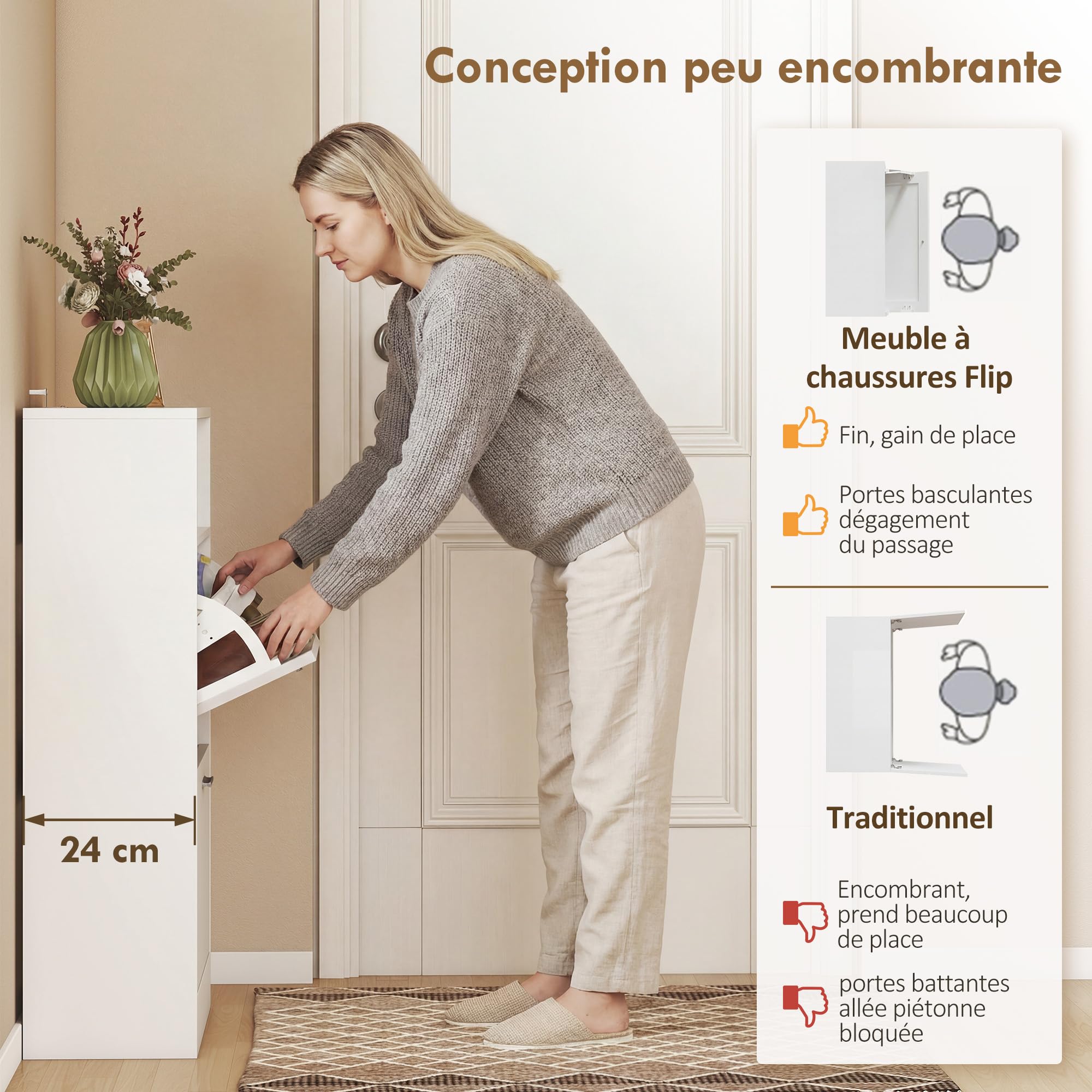 HOMCOM Meuble à Chaussures 8 Paires 2 Tiroirs 59 x 24 x 90 cm Blanc