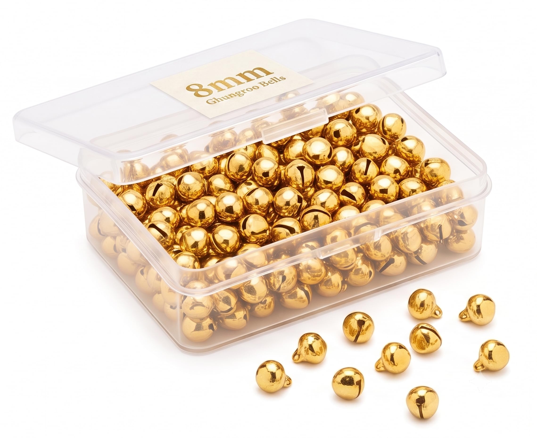 8mm Gold Ghungroo Bells for Jewellery Making with Storage Box | 200 PCS | Metal Craft Bells for Earrings, Anklets, Bracelets, Latkan, DIY Crafts & Decoration (GG-G200)-picture-18