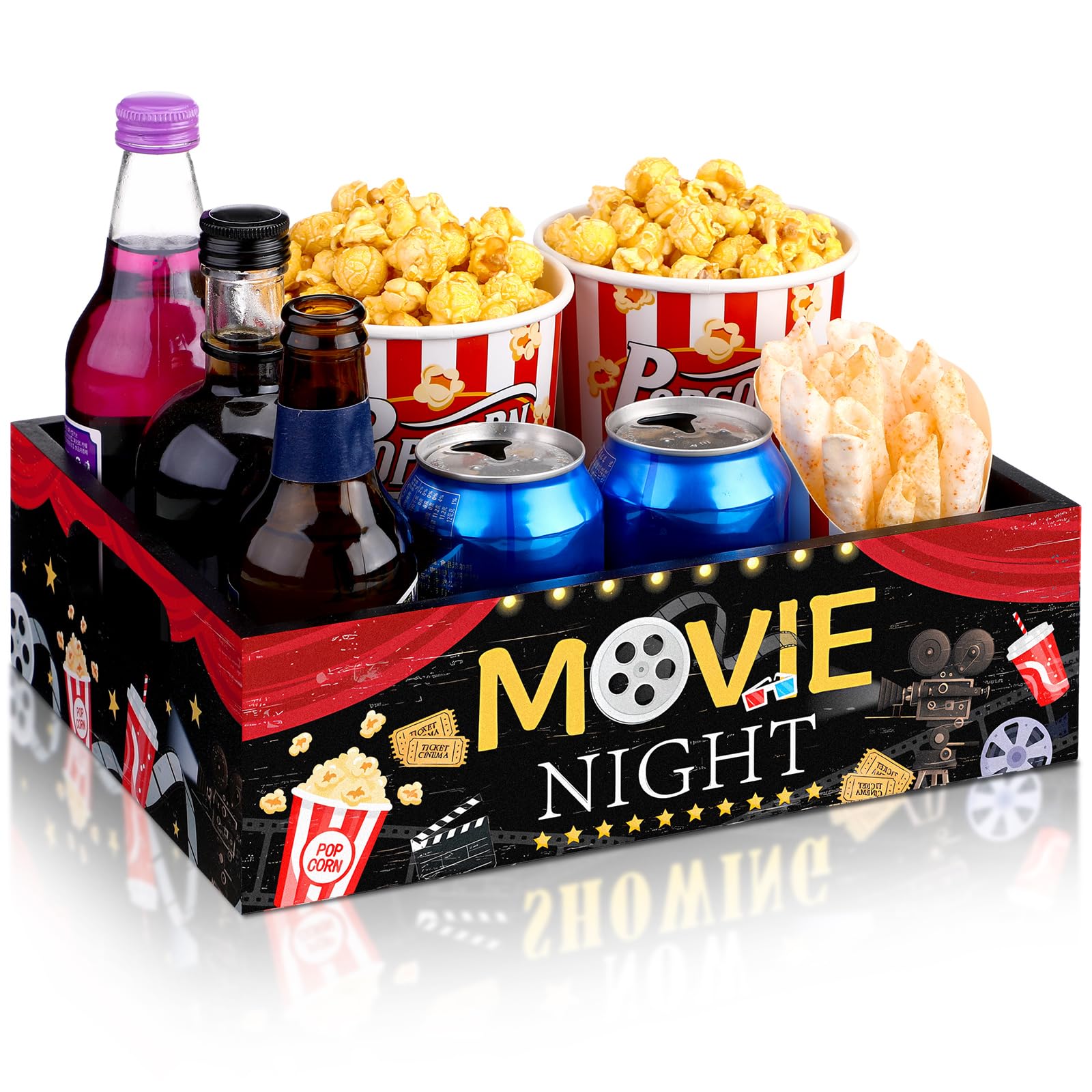 Movie Night Supplies Snack Trays with Handles Reusable Wooden Movie Gift Basket for Theater Popcorn Bucket Bowl Box Container Family Room Valentine's Day Decor(Classic Style)