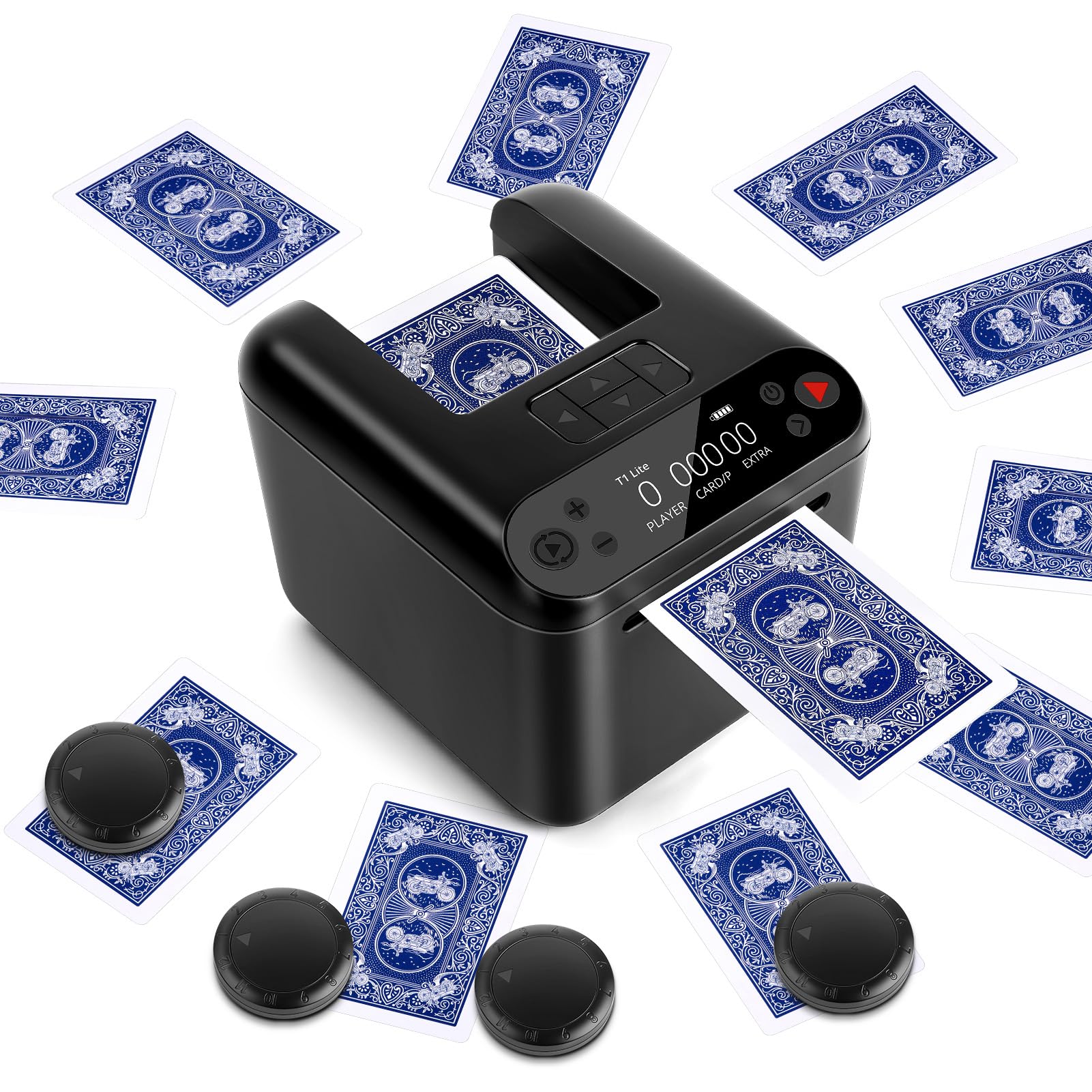 Automatischer Elektrischer Kartensendemaschine Wiederaufladbar für 1/2/3 Decks, 1–12 Spieler, 4 Rufknöpfe, 360°& 180°Drehung, kompatibel mit Texas Hold'em Poker, UNO, Bridge, Blackjack und mehr