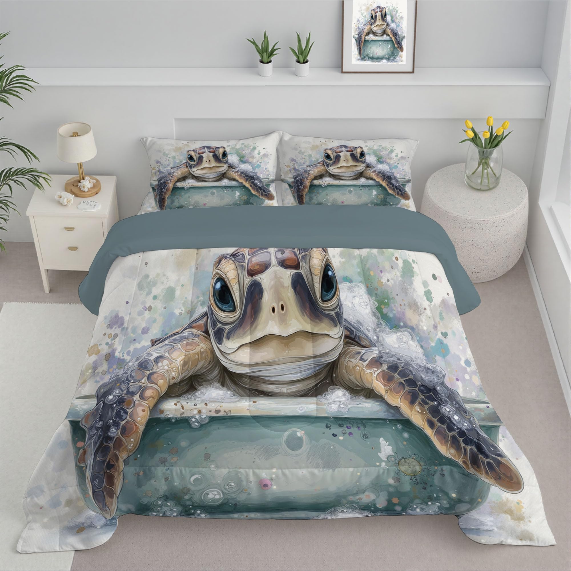 Trapunta Letto Singolo 4 Stagioni Piumone per Bambini, Acquerello Tartaruga Leggero Carini Animali Set di Biancheria da Letto 140x200cm con 1 Federe,Piumino Lavabile In Lavatrice