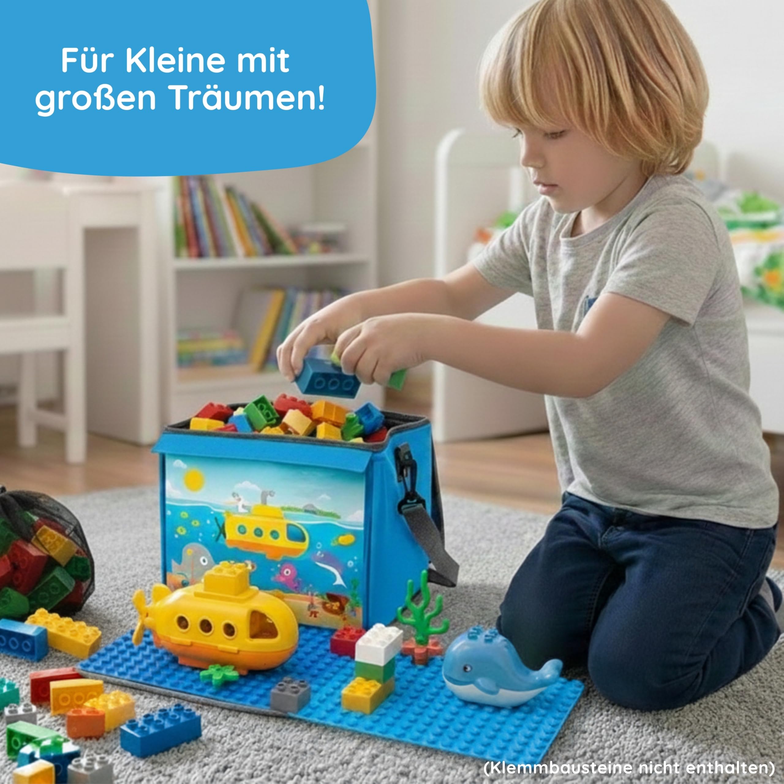 fantifant Baustein-Tasche XL ausklappbare Bauplatte meerblau