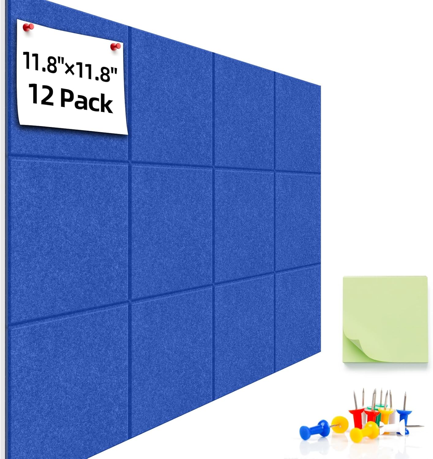 Large Cork Board for Walls - 12 Pack Bulletin Board, 47"x35" Felt Wall Tiles with Safe Removable Adhesive Tabs for Office Pin Board, Tack Board, Includes Push Pins & Sticky Tabs (Azure) 12 Pack Azure