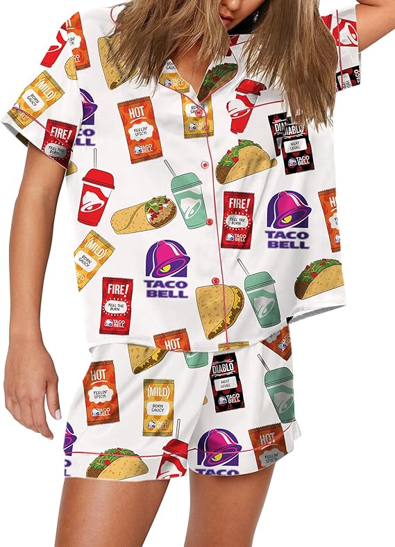 Womens Button Down Pajama Sets Soft Button Down Loungewear 2 Piece Outfits Funny Satin Pjs Shorts Set XXS-XXXL