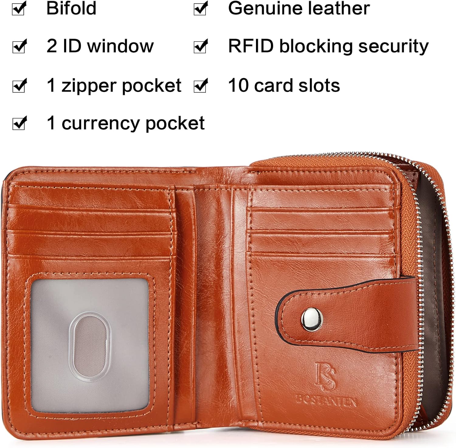 BOSTANTEN Leather Wallets for Women RFID Blocking Zipper Pocket Small Bifold Wallet Card Case Brown - Image 3