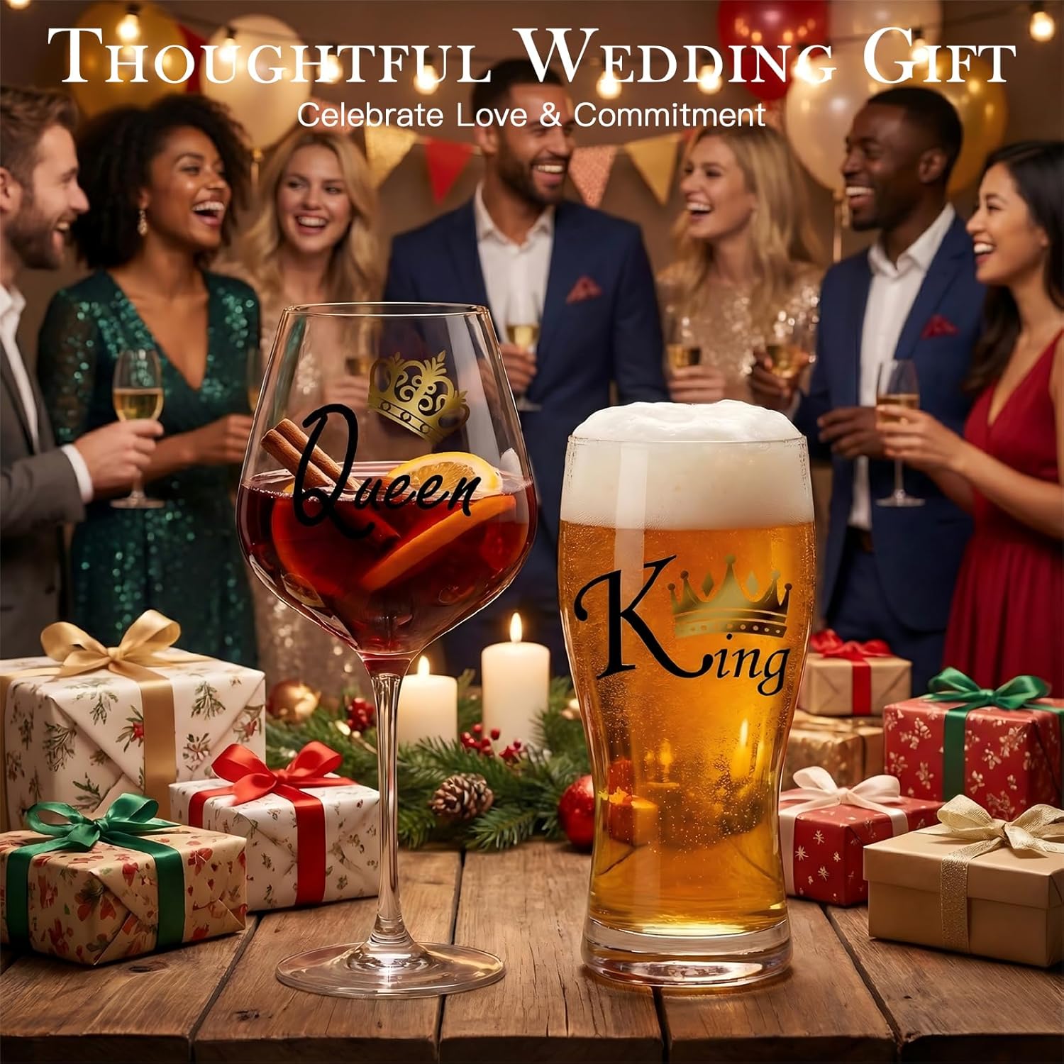 comfit King and Queen Glass Set for Couples – Burgundy Wine Glass & Beer Glass His and Hers Set with Gold Crown Design – Anniversary, Engagement, Wedding，Valentines Day Gift for Husband and Wife