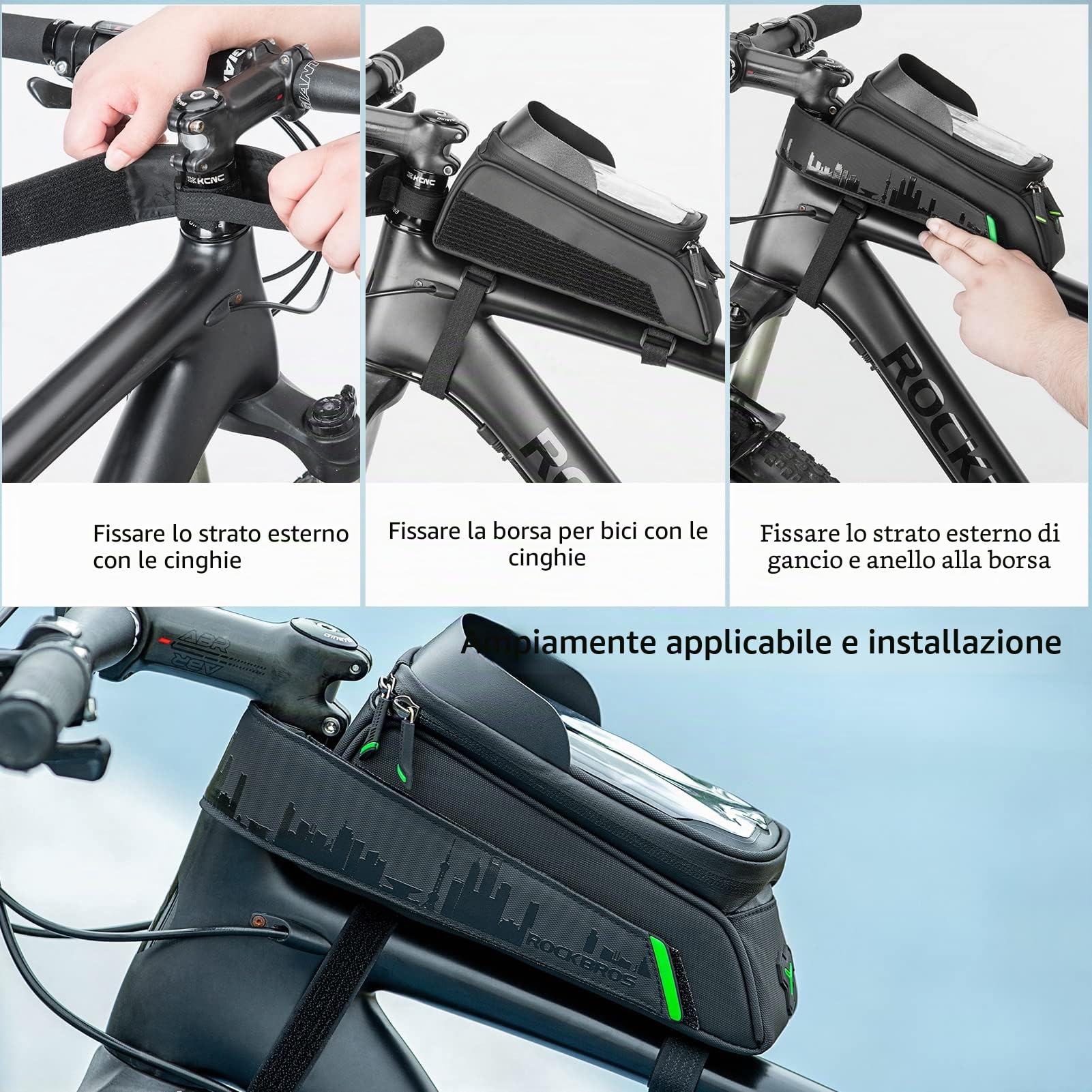 ROCKBROS Borsa Telaio Bici, Porta Cellulare MTB, Borsa Manubrio, Grande capacità 1.5L, con Touch Screen e Visiera Parasole, Impermeabile, Supporto Telefoni 5.8"/6.0", Accessori Ciclismo