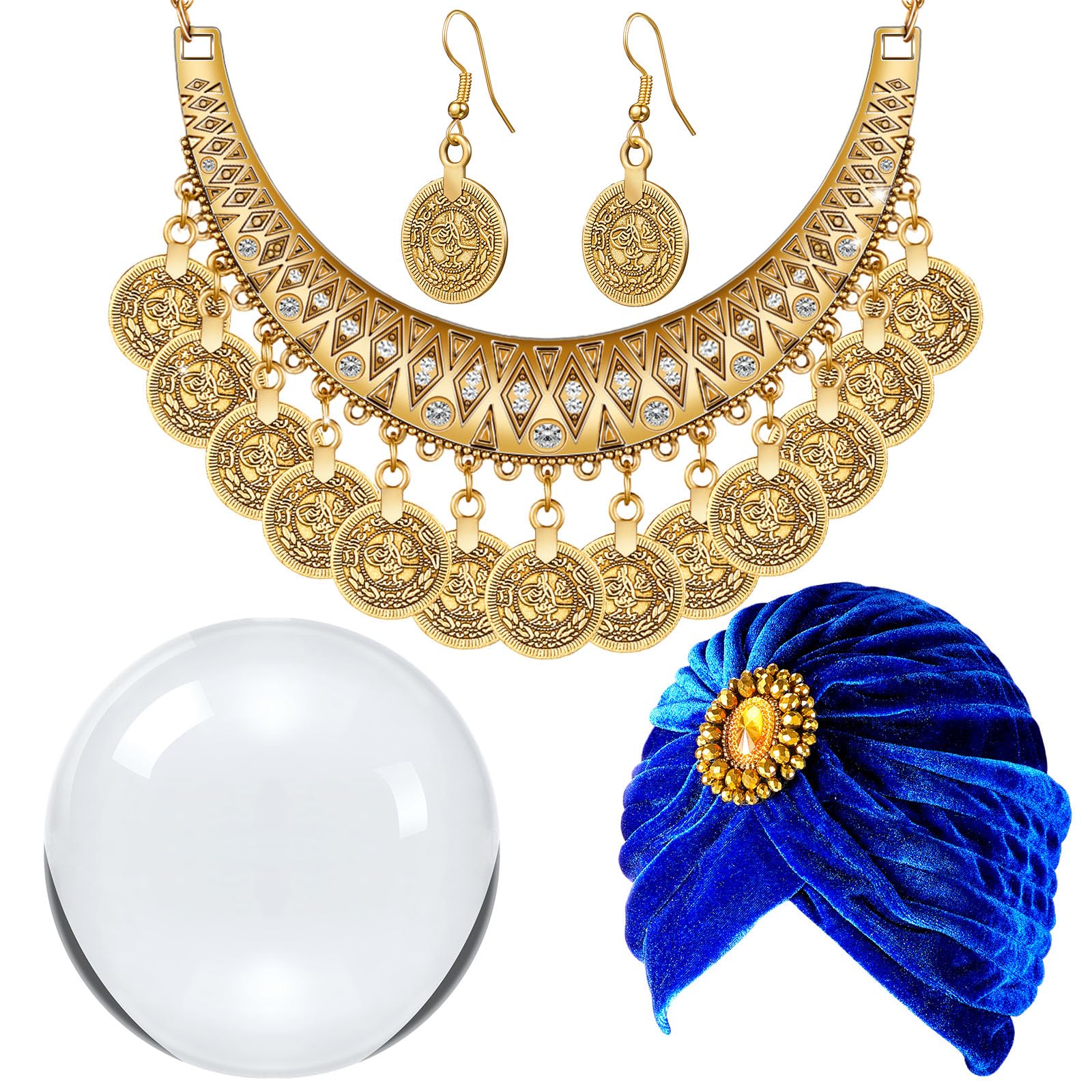 Suhine4 Pcs Women Fortune Teller Costume Accessories Hair Wrap Coin Necklace Earring Crystal Ball for Halloween Party