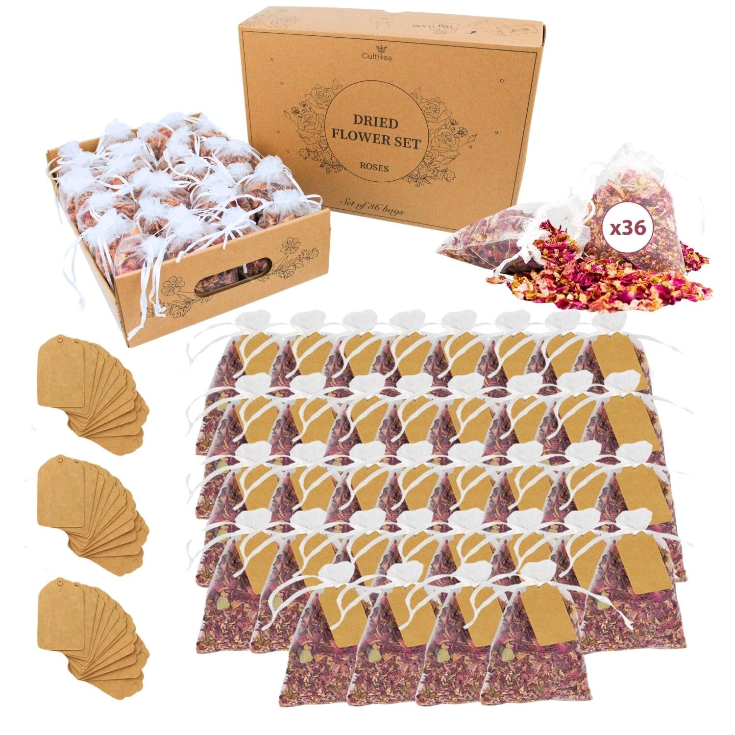 CULTIVEA® Bandeja de 36 Bolsas de Flores secas Naturales – Rosas – Flores para Boda, cumpleaños, Fiesta – Decoración de Boda – Confeti – Velas y resinas – Pétalos de Rosa Secos