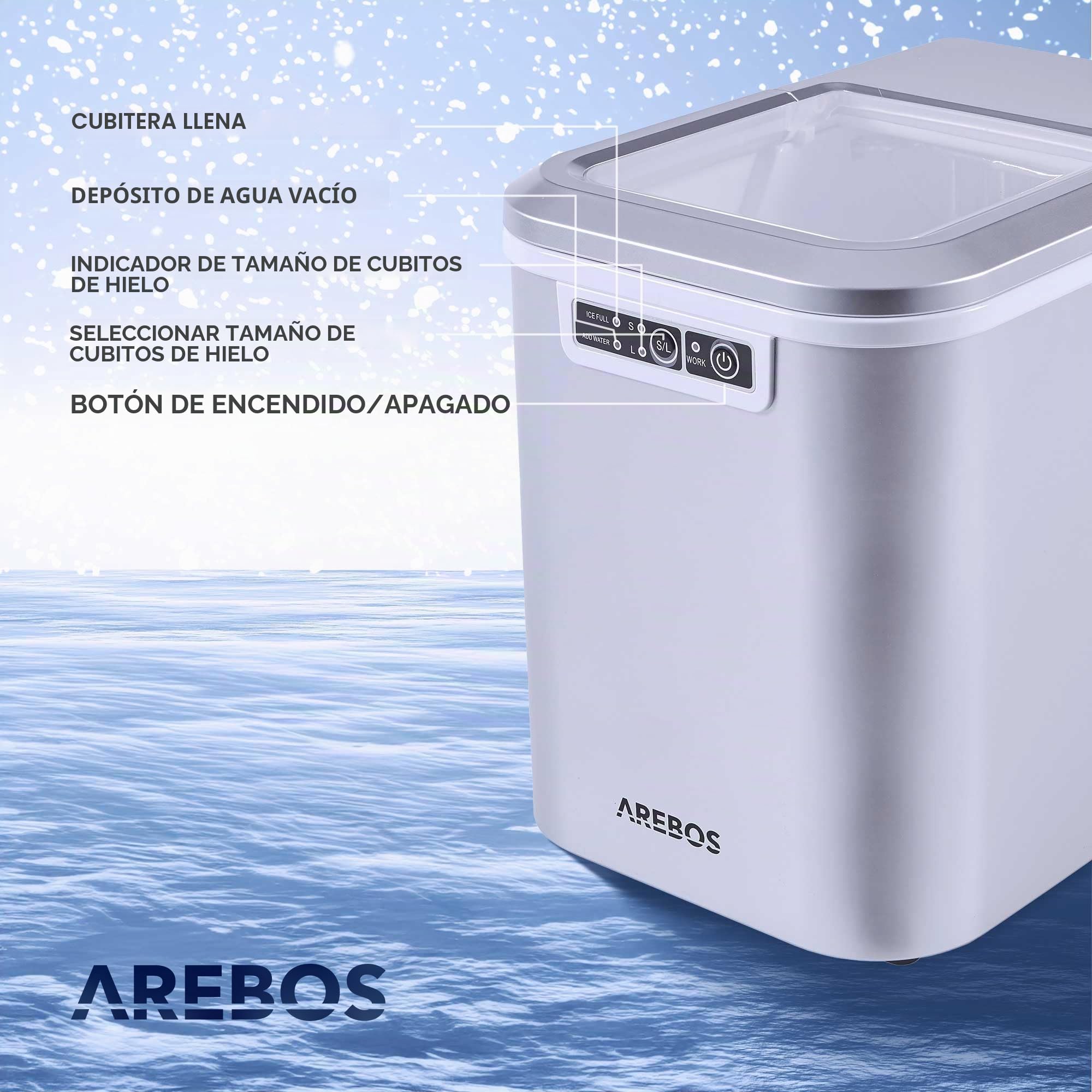 Máquina para hacer cubitos de hielo | 12 kg/24 h | 8 minutos de tiempo de producción | 2 tamaños de cubitos de hielo | 2,2 L | Arebos | silencioso | Ice Maker sin conexión de agua