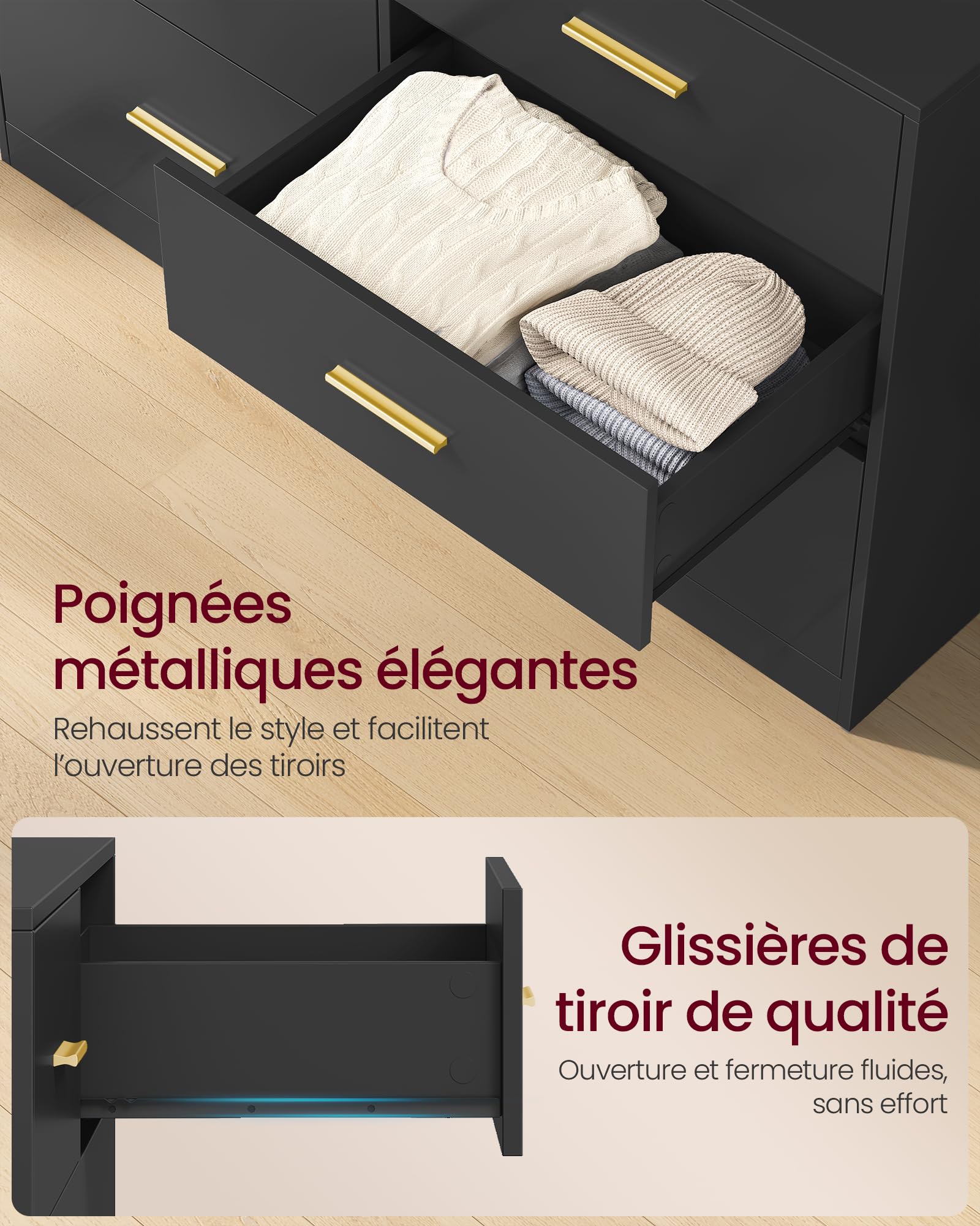 VASAGLE Custos Collection - Commode de Chambre, Armoire à Tiroirs pour Dressing, Style Moderne, Meuble TV pour Salon, 6 Tiroirs, 40 x 119 x 78 cm, Noir d'encre LTS416BC01