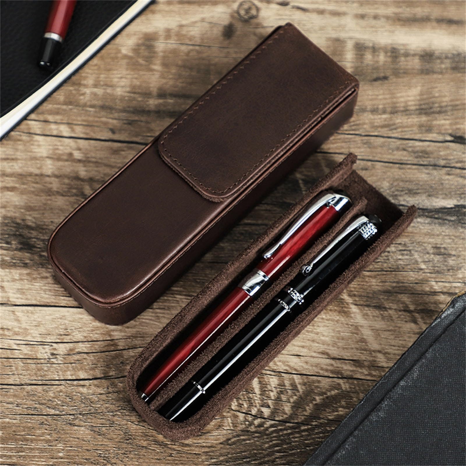 Estuche de Cuero para lápices Estuche para lápices de Cuero Hecho a Mano Cajón extraíble Organizador de bolígrafos de Oficina para el Trabajo, la Oficina (Café 16,8 x 5 x 3 cm)