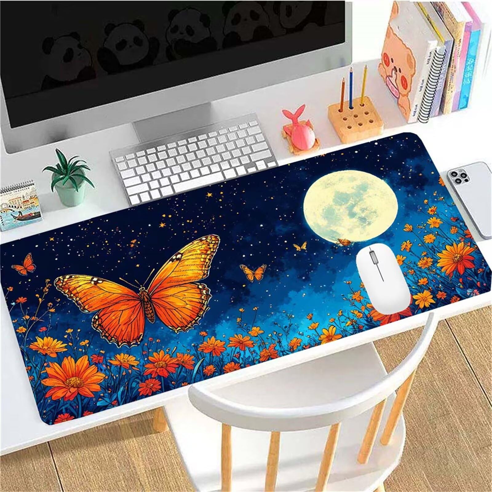Alfombrilla Ratón Mariposa Luna Alfombrilla Ratón XXL 1400x600x3mm Mouse Pad Resiste Salpicaduras, Extendida de Gran Tamaño con Bordes Cosidos, Mejora la Precisión y la Velocidad, Antideslizante y-239