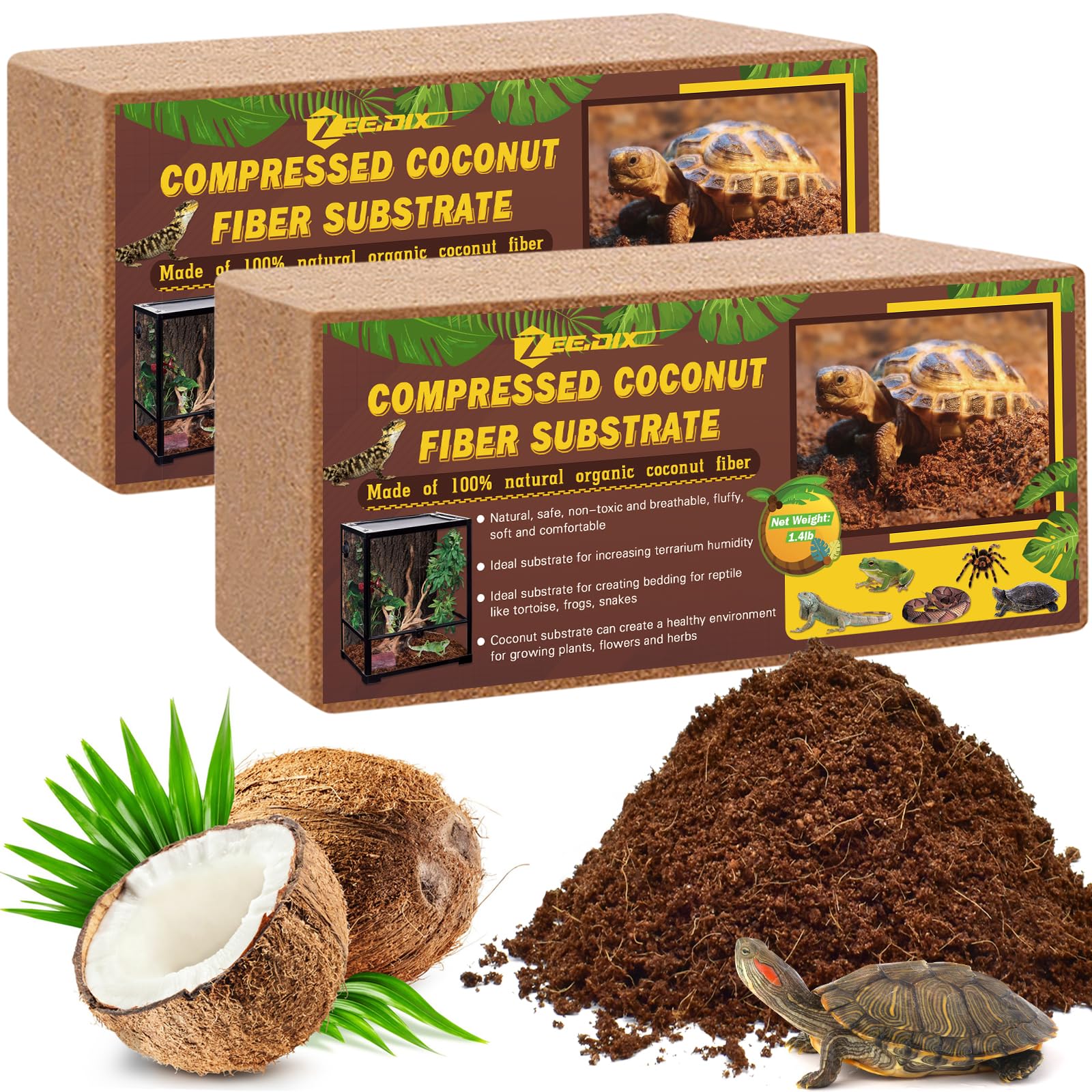 ZeeDix 2Pcs Compressed Coconut Fiber Substrate, 100% Organic Coco Coir Fiber Brick Substrate Fluffy Bearded Dragon Tortoise Snake Terrarium Substrate Loose Natural Husk Terrarium Bedding for Reptiles