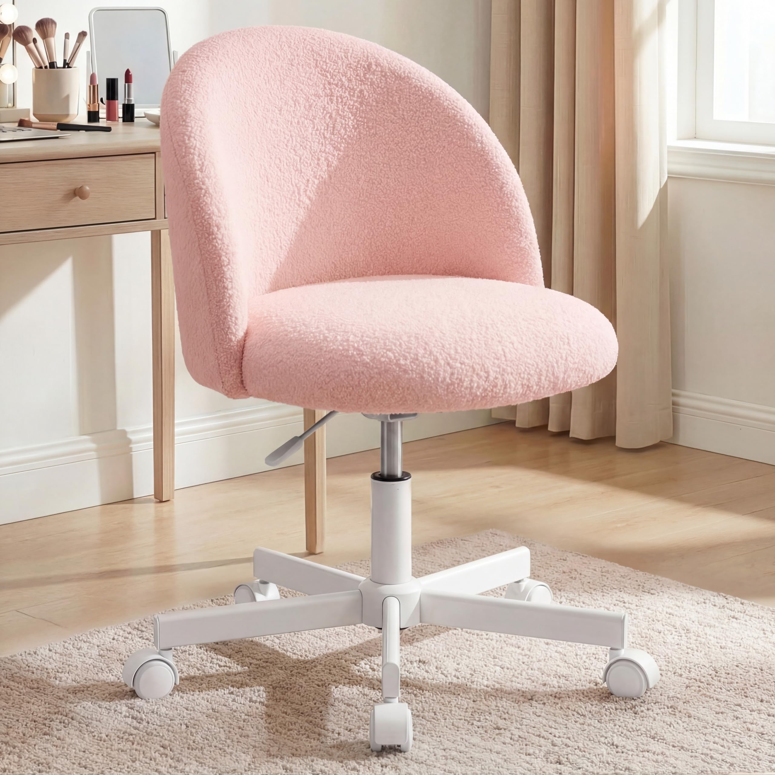 NEO CHAIR Office Vanity Chair with Wheels Comfy Desk Chair for Girls Cute Computer Small Armless Adjustable Height Swivel for Home Bedroom Task (Pink) - 2