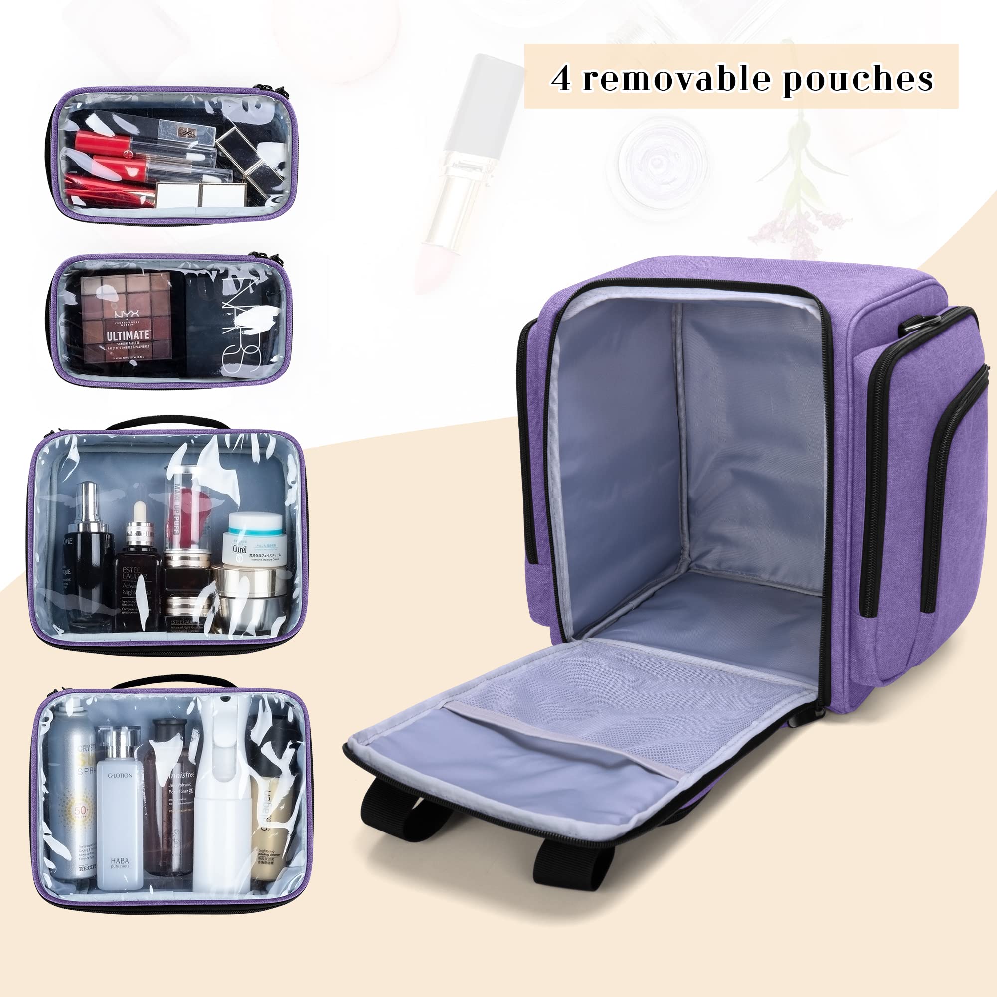 BAFASO Borsa per Trucco con 4 Tasche, Borsa per Cosmetici, Viola | Borsa per il Trucco da Viaggio Multifunzionale