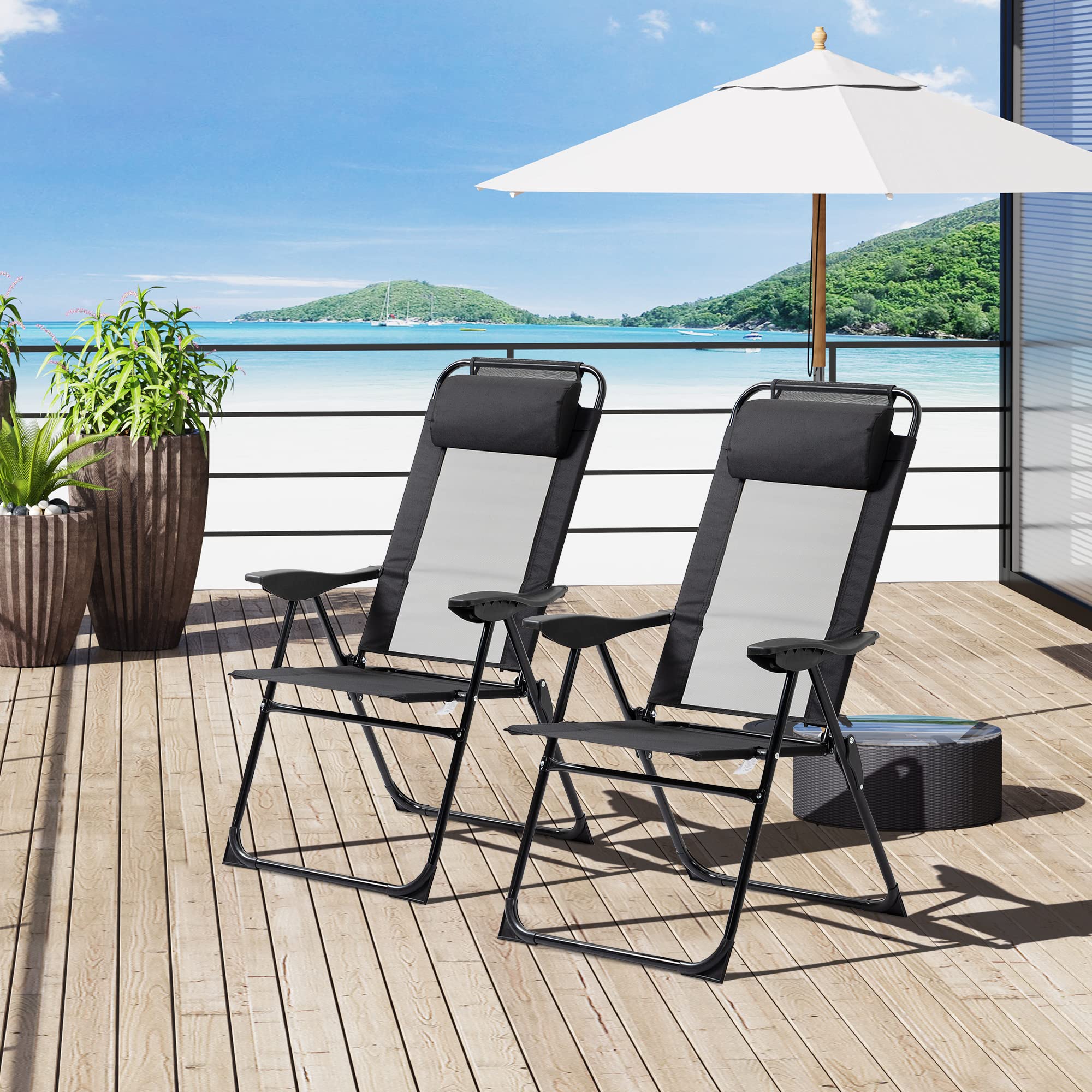 Outsunny Lot de 2 chaises de Jardin Set Basic de 2 chaises Pliantes Chaise de Camping Chaise de Balcon accoudoir Dossier réglable en 5 Positions Oreiller Amovible fourni Tissu Oxford textilène Noir