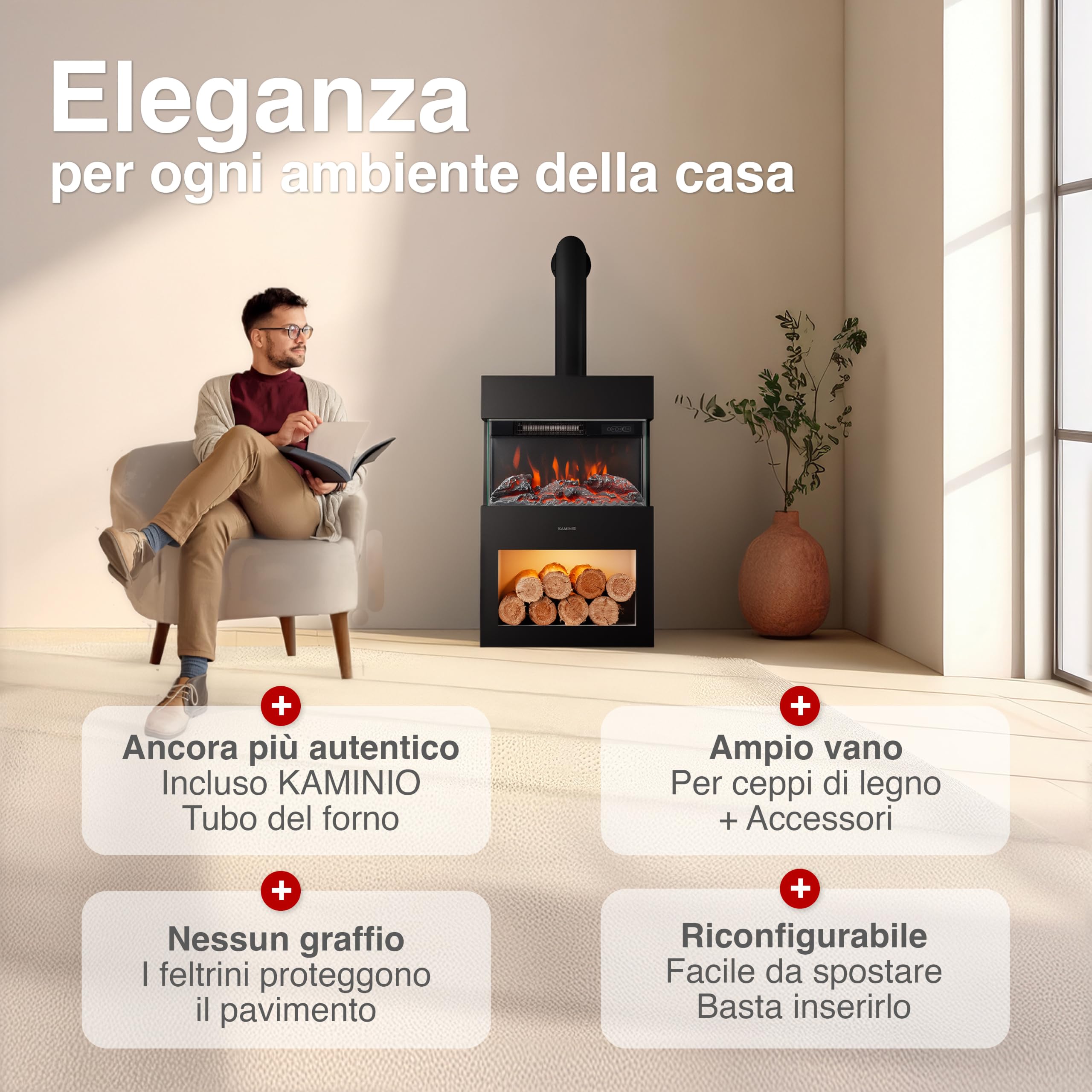 KAMINIO® Henri Camino elettrico da appoggio con tubo per stufa [Nero] | Caminetto elettrico a forma di stufa, termocamino con effetto fuoco LED, vano illuminato, timer, termostato e telecomando
