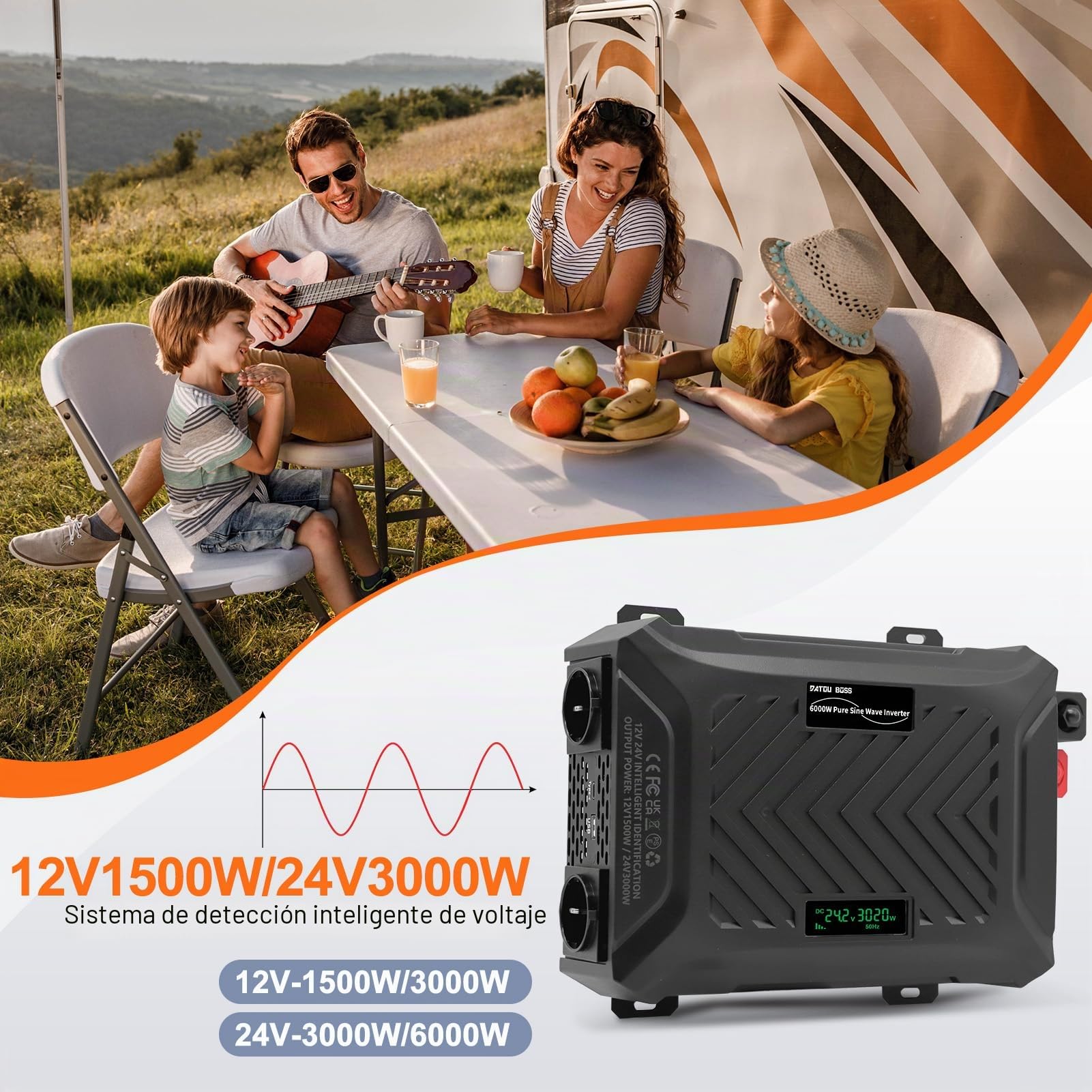 DATOUBOSS Inversor 24V 220V/230V Onda Pura 3000W/6000W, Convertidor 24V 220V 3000W con Pantalla LCD, 2 Tomas AC, 1 USB-A y 1 USB-C, para Autocaravana, Camión, Transformador Fuera de Red