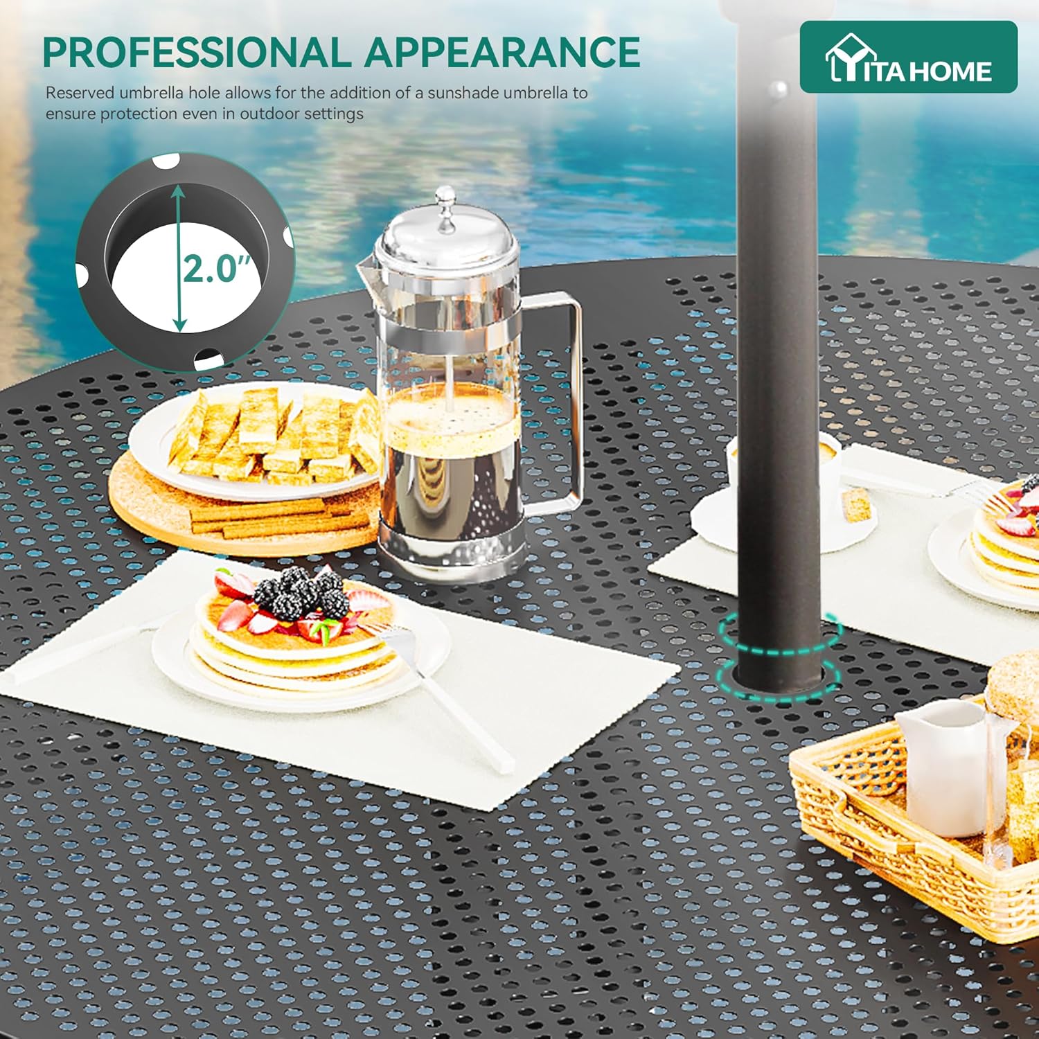 YITAHOME 37in Metal Picnic Table, Powder Coated Outdoor Picnic Table with Heavy-Duty Steel Frame, Adjustable Seats & Umbrella Hole for Yard, Patio, Lawn, Party, Black, Round