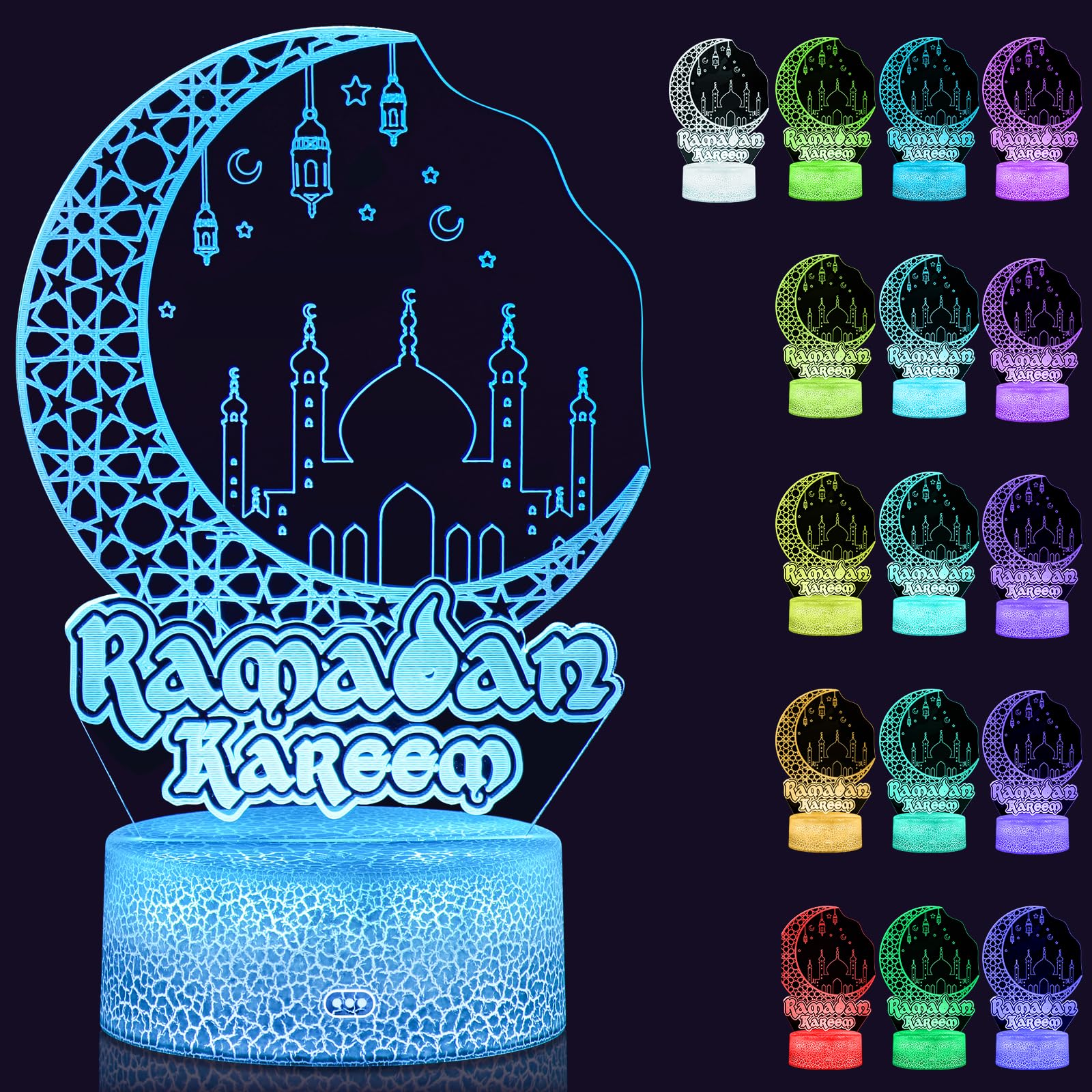 Dreamtop Ramadan Eid Night Light,Mubarak Eid Ramadan Decorations Moon 3D Ramadan Lamp with 16 Color Flashing,Eid Ramadan Decorations for Home Table Lights