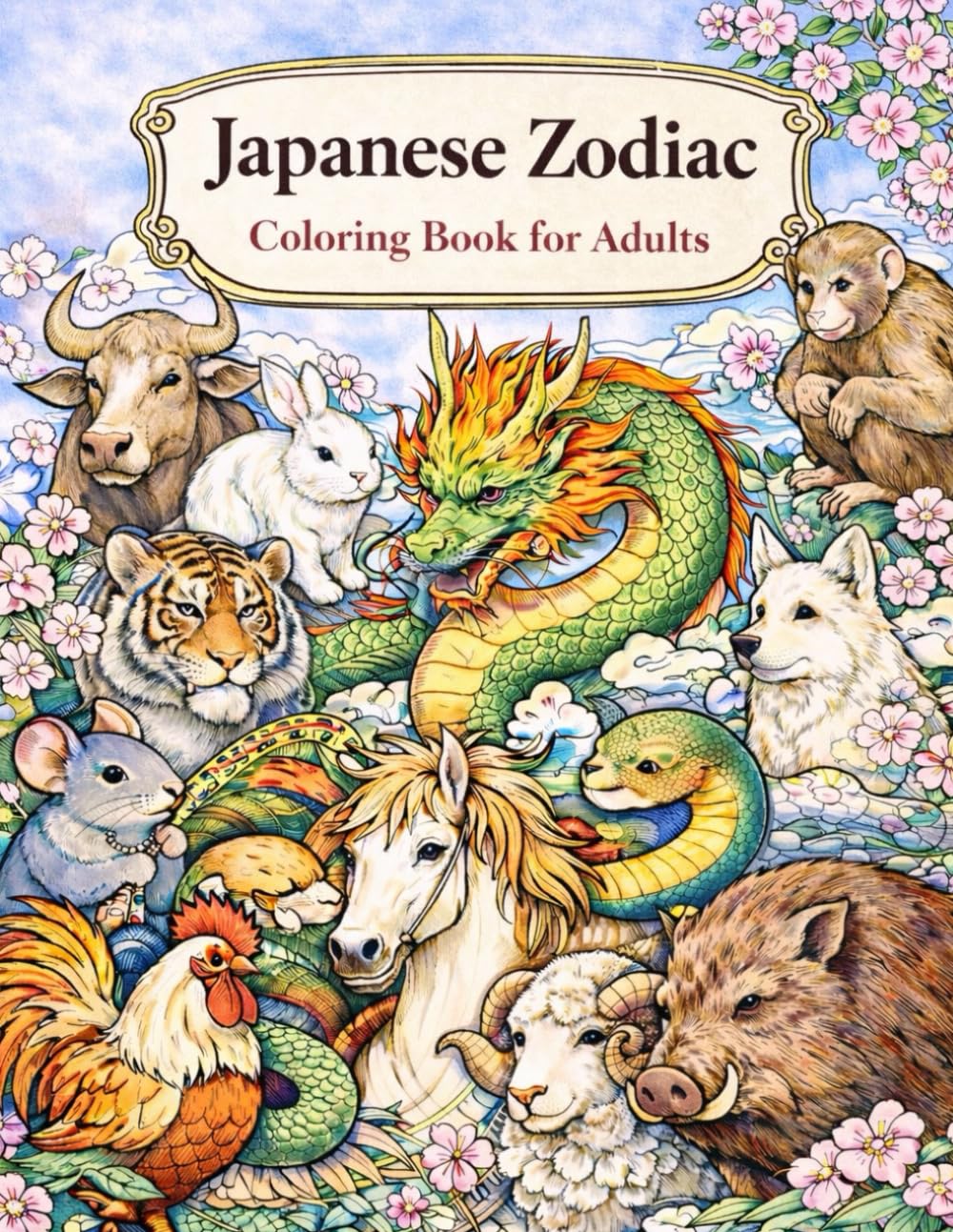 Japanese Zodiac Coloring Book for Adults: Relaxing and Detailed Line Art Inspired by Traditional Japan