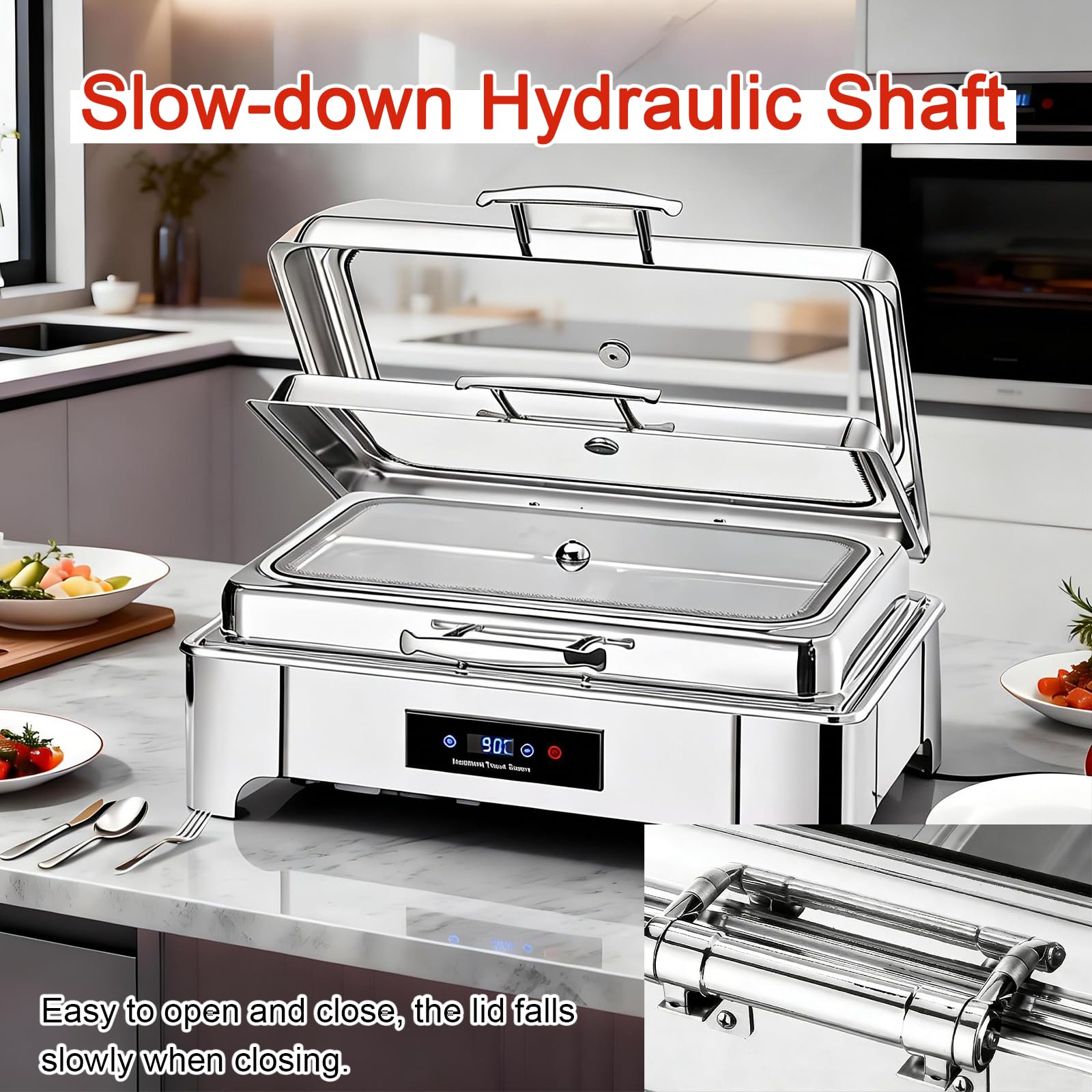 Chafing Dish Buffet Elettrico 9L(1/2 Pan) | Professionale Scaldavivande Buffet Elettrico Acciaio Inox Temperatura Regolabile per Catering Buffet con Coperchio in Vetro