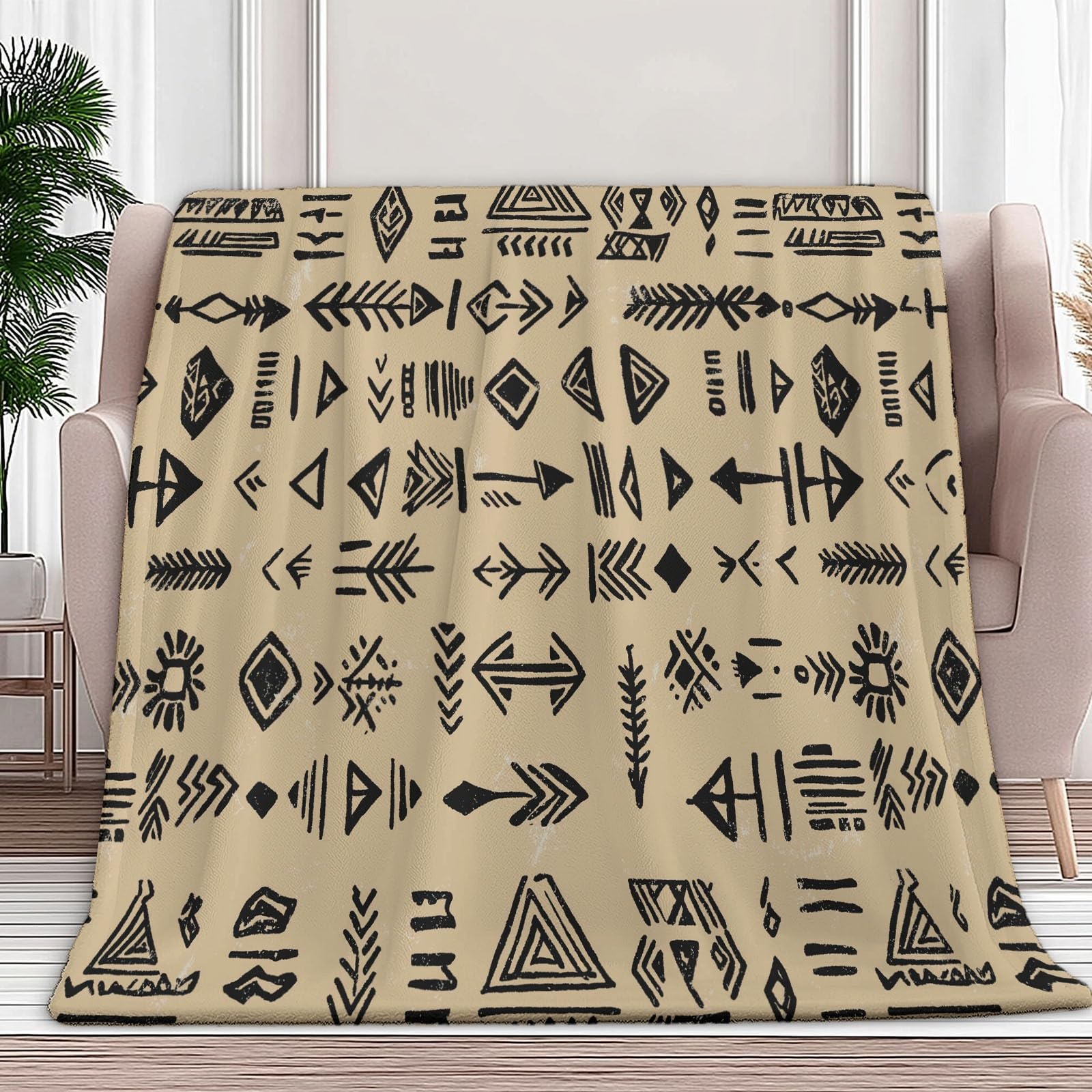 Podwójny koc polarowy kremowy, retro symbol plemienny, logo, nie gubi włosia, miękki, ciepły, narzuta na sofę, dwustronne narzuty na łóżko, sofę, kanapę