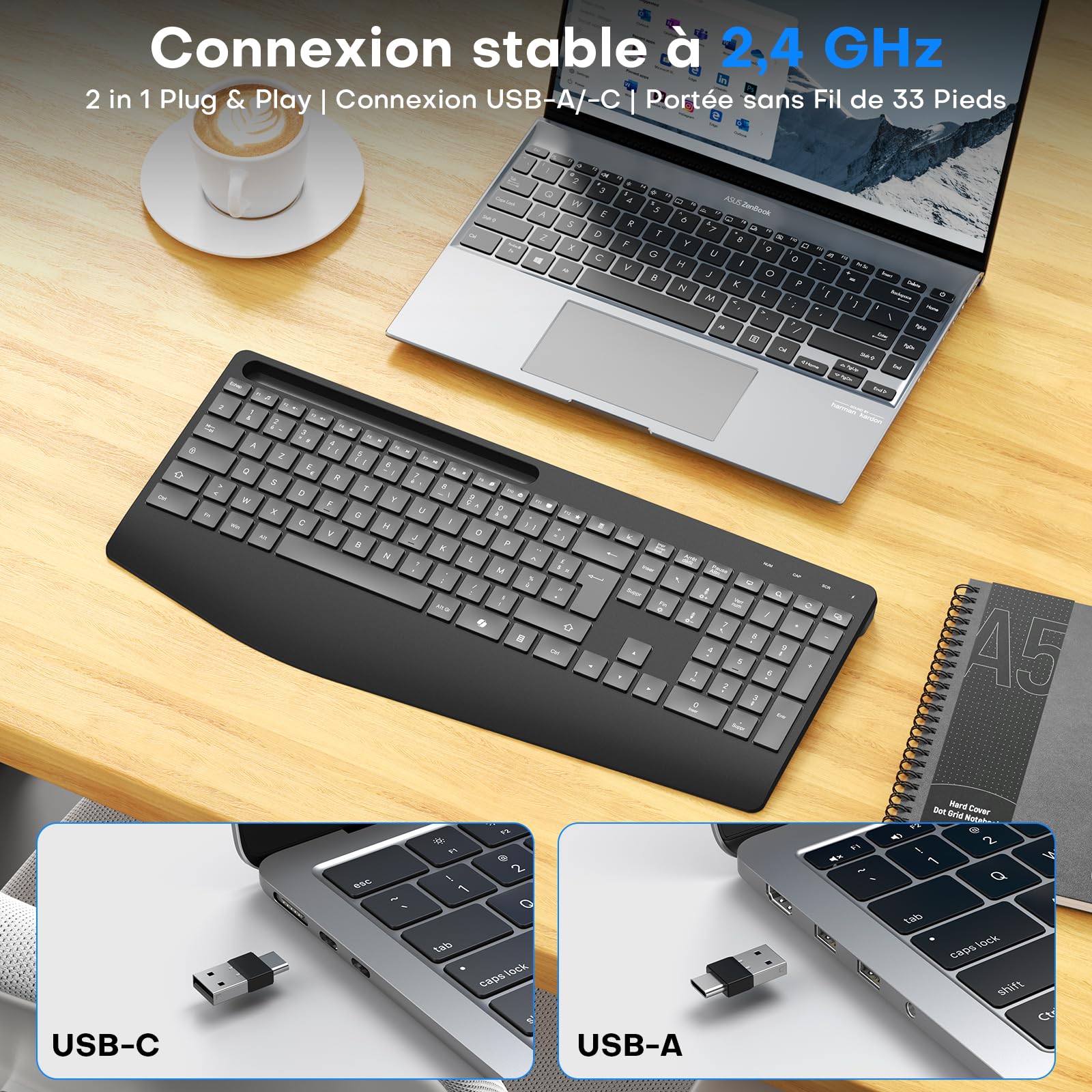 OMOTON Clavier sans Fil AZERTY Français, 2,4G Clavier Ergonomique Rechargeable avec Repose-Poignet, Wireless Keyboard Rétroéclairé, Compatible PC Windows/Linux, Idéal Bureau, Gris Graphite