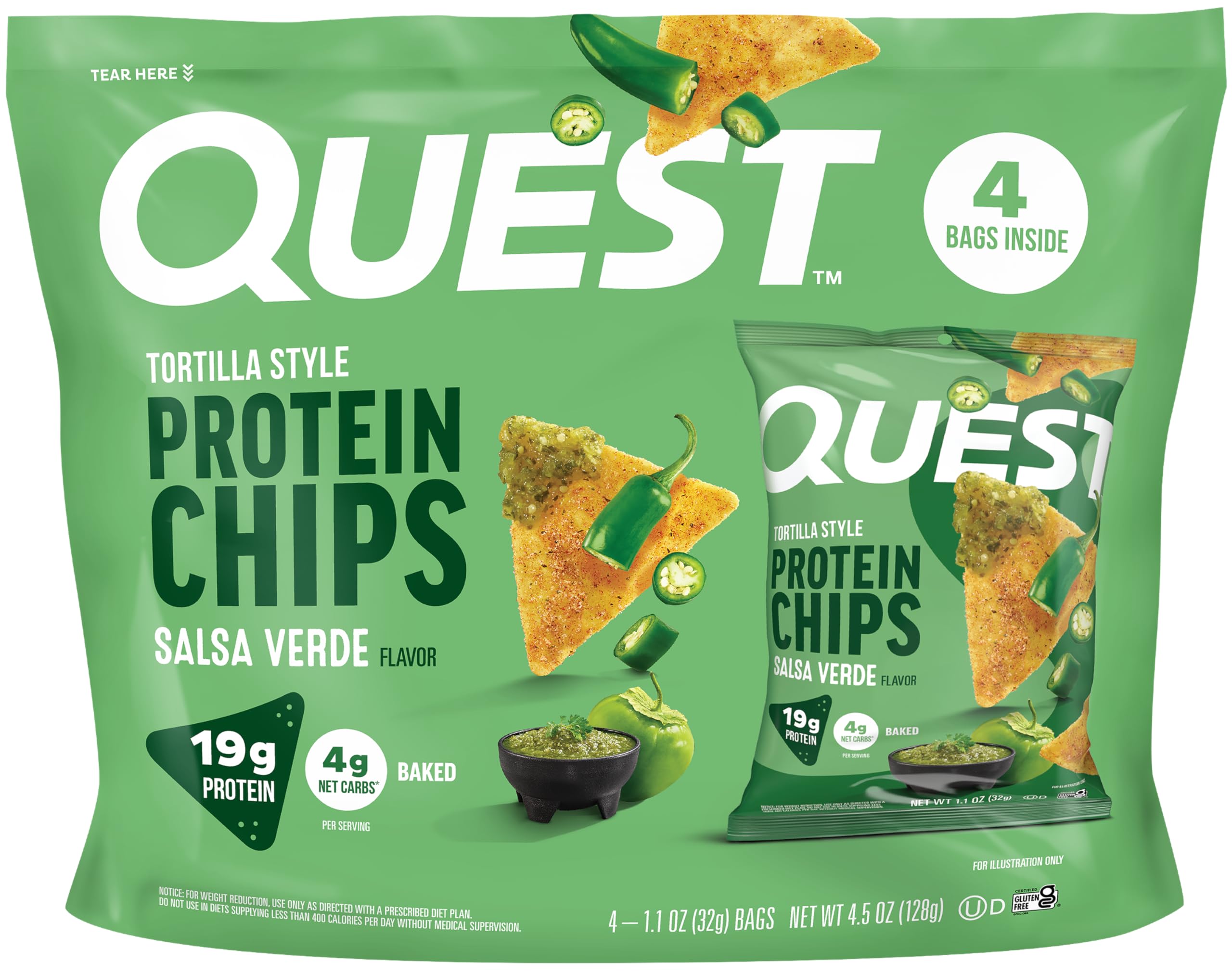 Quest Tortilla Style Protein Chips Salsa Verde 19g Protein 4oz (Pack of 4) | Baked Savory Tangy Crunch - main product image