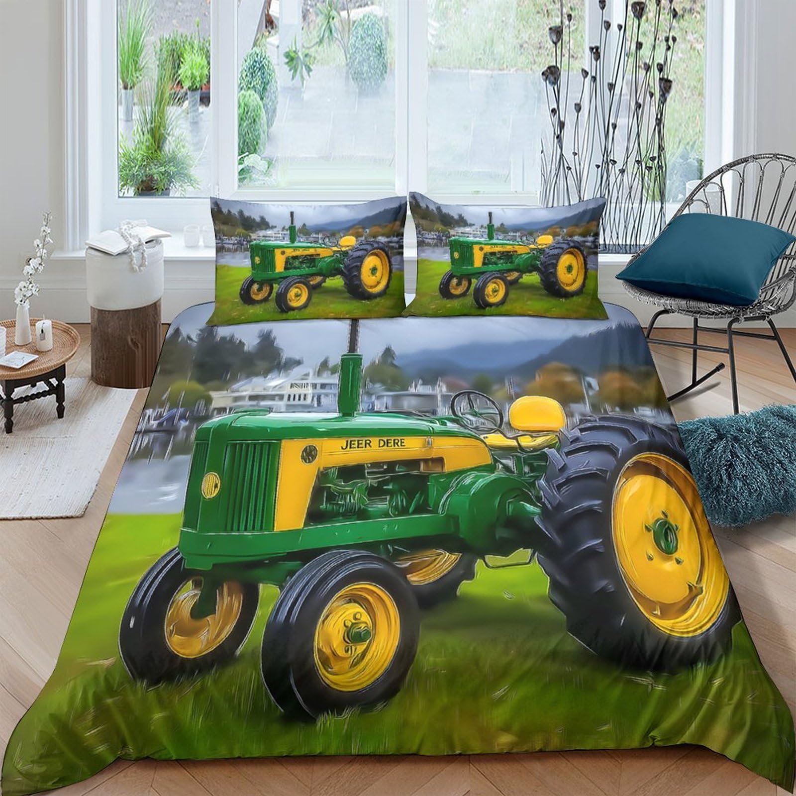 Ctjqhvkz Style-6 3D Printed Green Tractor Fitted Sheet Microfiber Anti-Slip Farm Scene Bed Cover Bedroom Decor Machine Washable Single（135X200cm）
