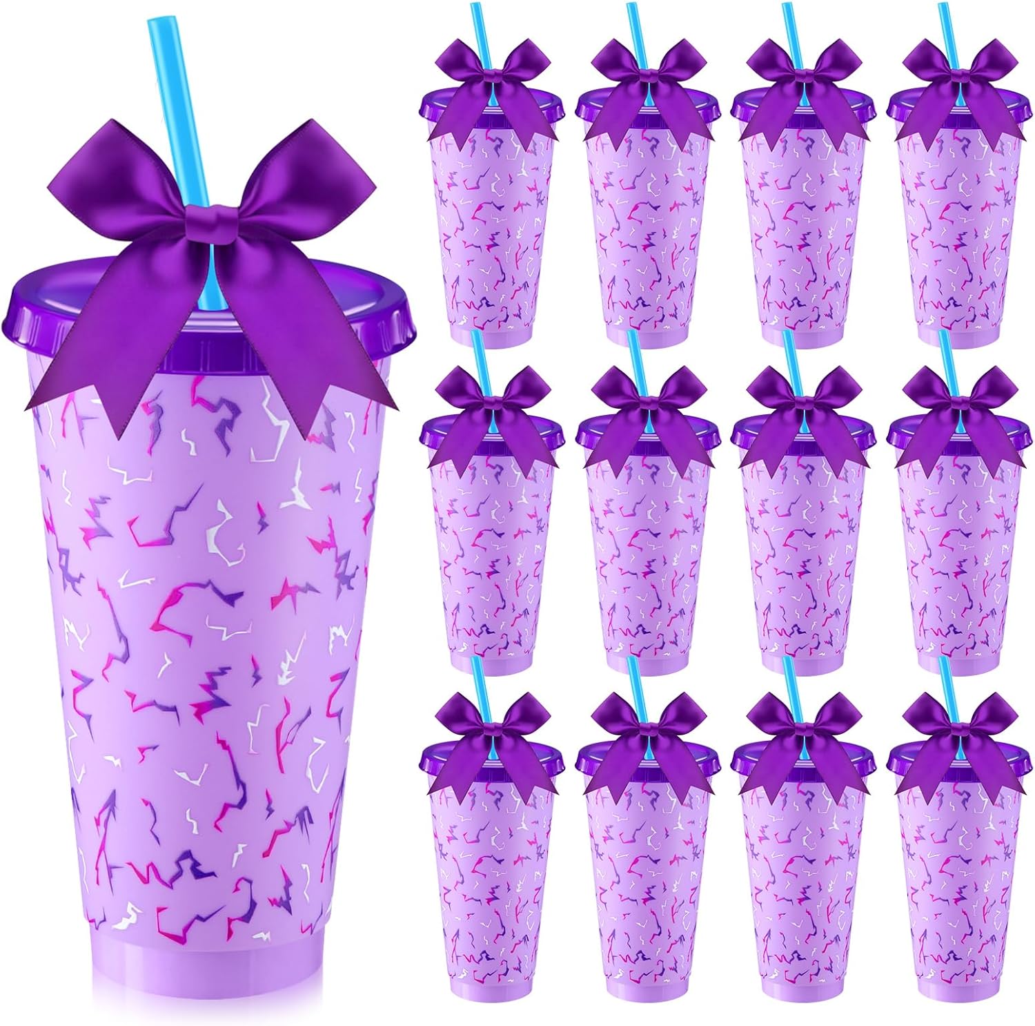 12 Sets Kpop Theme Party Supplies 24 oz Reusable Purple Lightning Crack Print Themed Party Plastic Cups and Purple Bows Bulk Kpop Theme Drinking Cups for Birthday Baby Shower Decoration