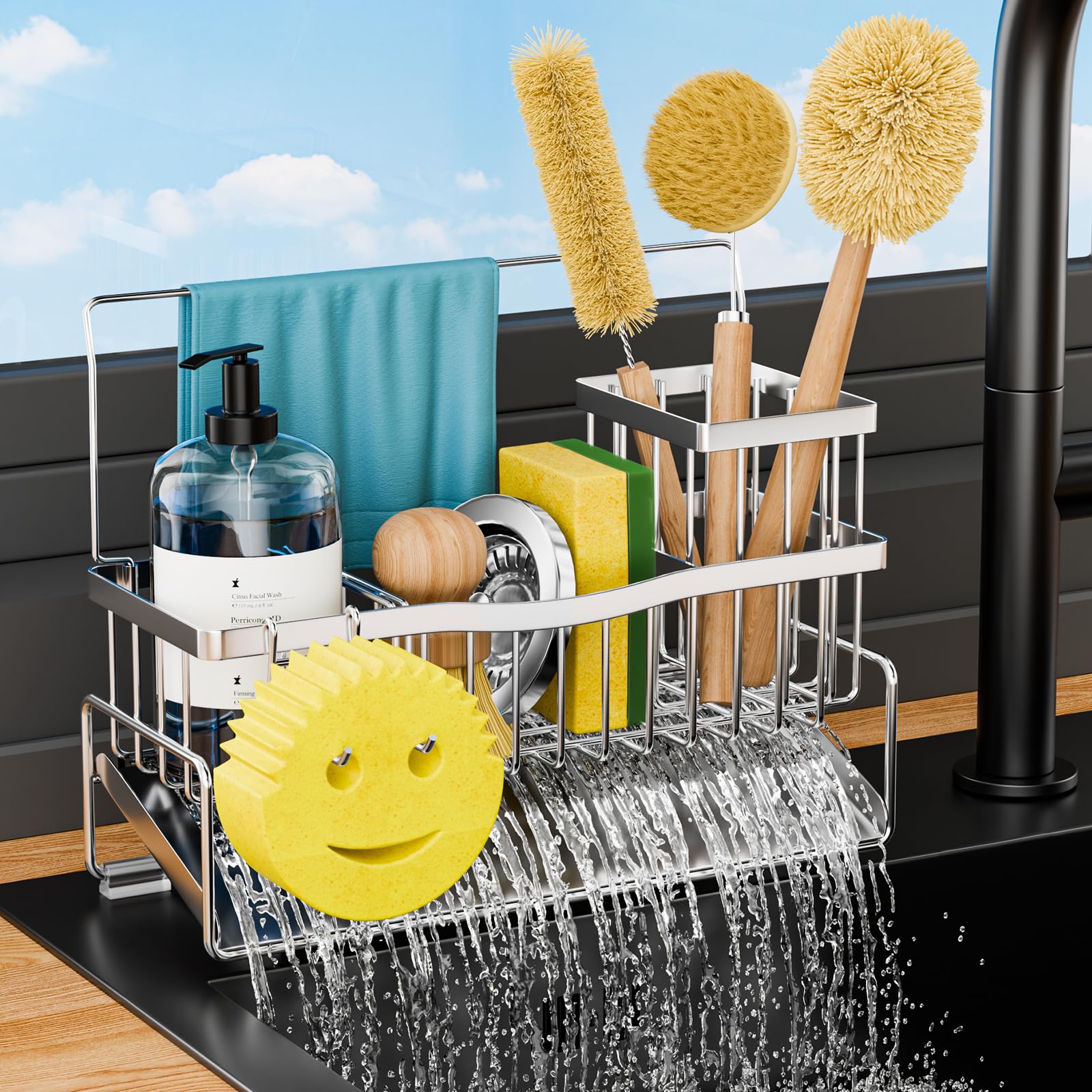 Adurei Organizer Cucina Porta Spugna per Lavello Autosvuotante in Acciaio Inossidabile con Portaspazzole Alto Gancio per Spugna Porta Asciugamani e Divisore Organizer per Gadget per Bancone, Argento