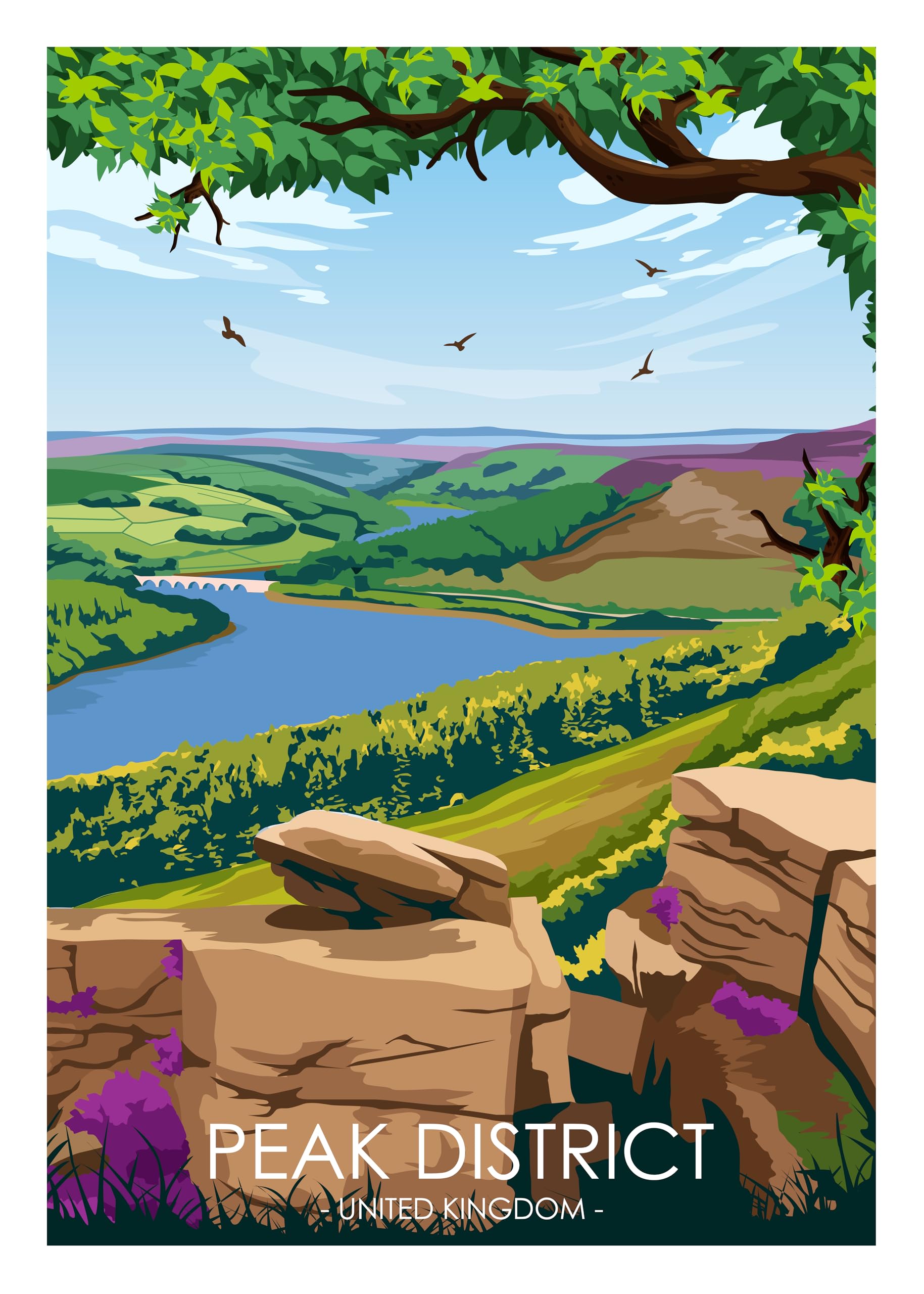 Hewson's Gifts UK Travel Print UK Cities and Shires, Handmade Print Of The Beautiful Places of United Kingdom, UK Artwork Wall Art Poster For New Home Kitchen Print (Peak District, A3 Unframed Print)