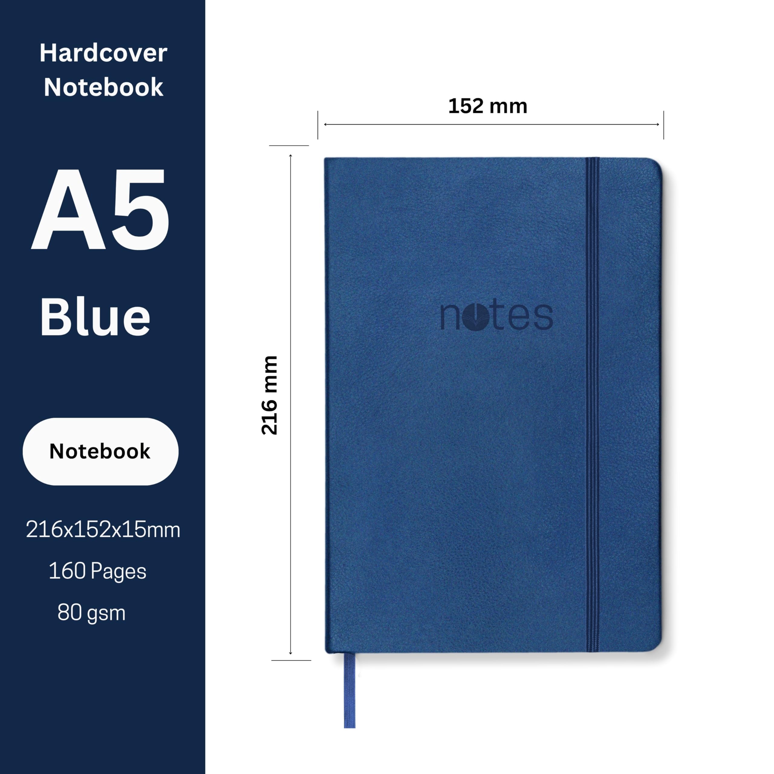 Creavvee® A5 Soft Touch Notebook 160 pages hardcover Lined paper, Elastic Closure & Ribbon Page Marker Blue - Image 2