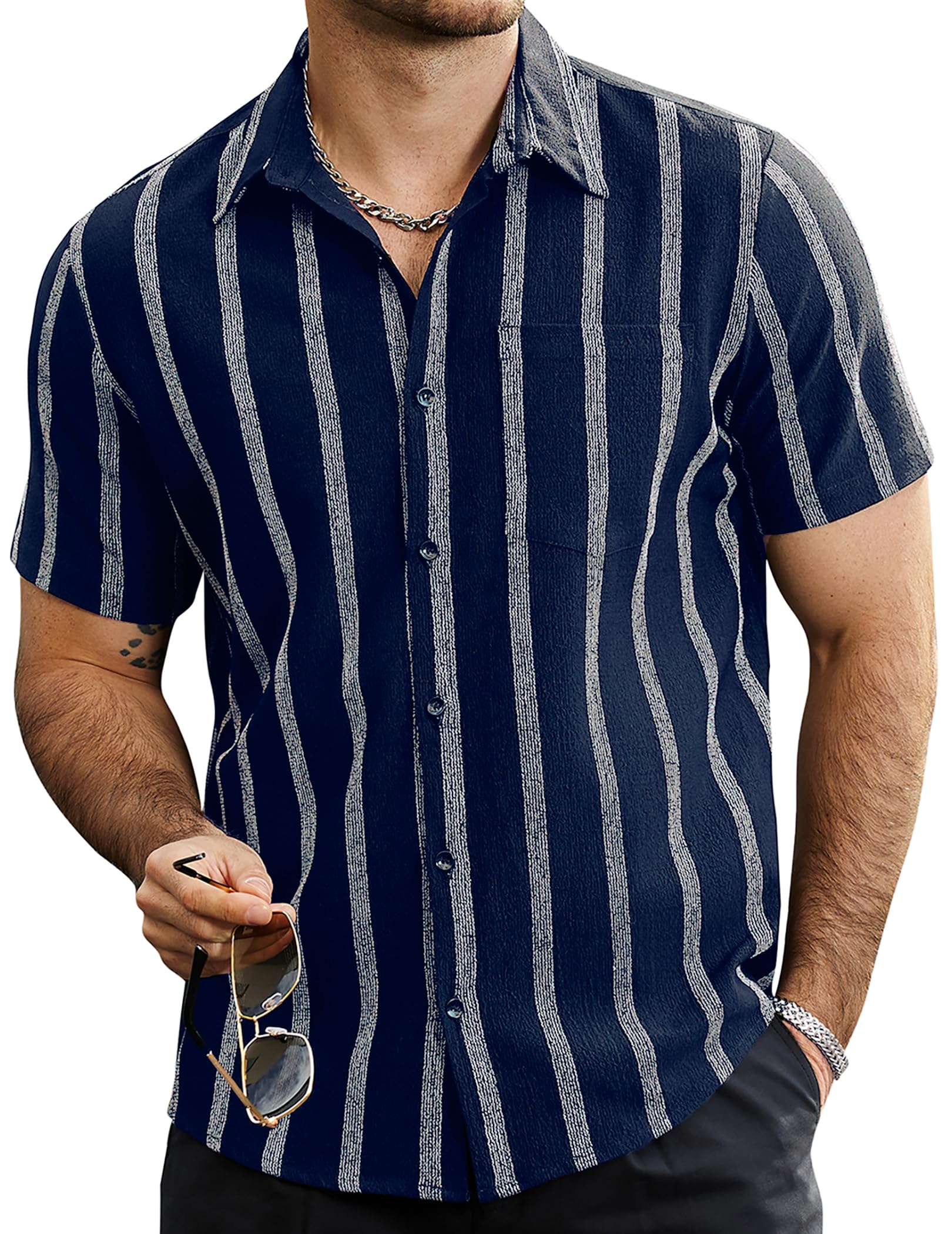 VATPAVE Herren Sommer Gestreifte Hemden Button Down Kurzarm Vintage Strand Hawaii Hemden mit Tasche