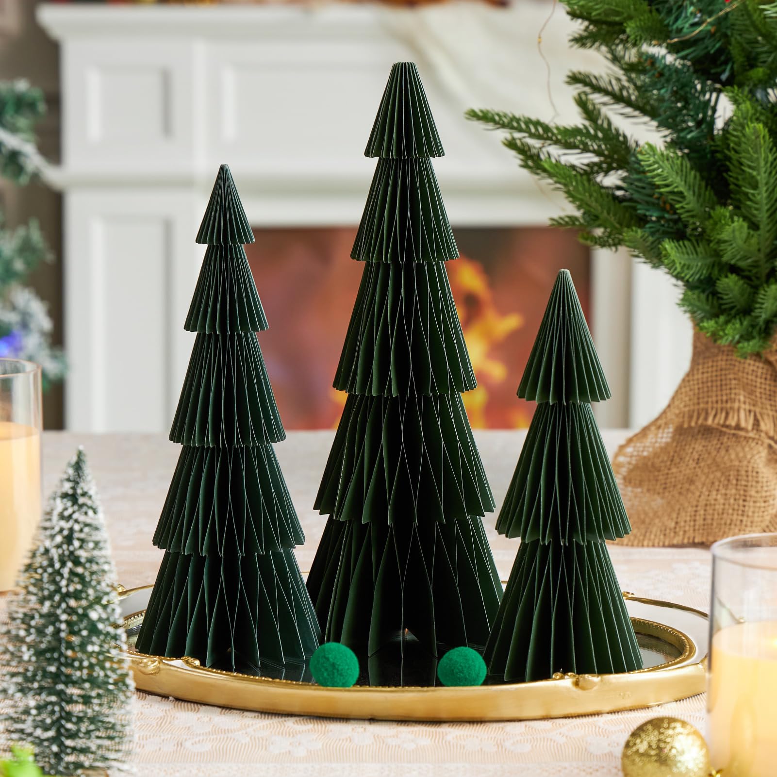 EASY JOY 3 Pcs Honeycomb Christmas Trees,Green Paper Christmas Tree Xmas Table/Fireplace Centerpiece Xmas Vintage Decorations for Winter Party New Year Winter Wonderland Holiday Party Decorations