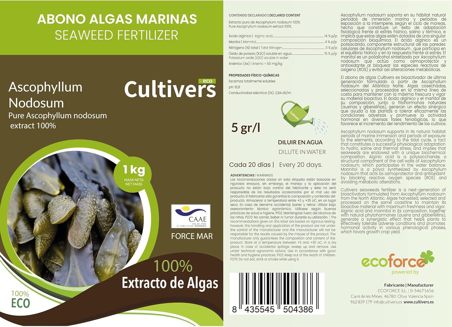 CULTIVERS Abono de Algas Marinas puro 2x1 Kg. Fertilizante Orgánico Ecológico Polvo Soluble. Extracto de Algas 100%. Fertilizante Bioactivador a Base de extractos de Ascophyllum nodosum.