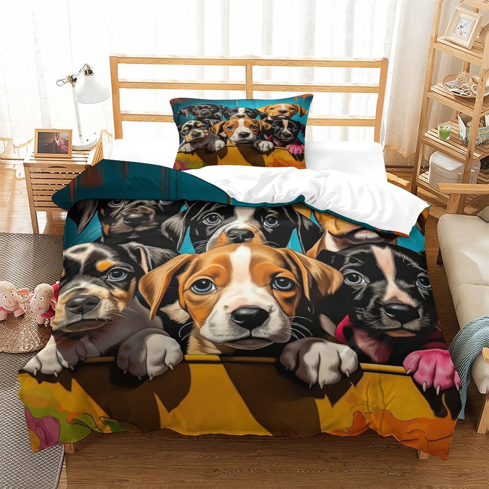 P1S9U7W5Y 3D Printed Cartoon Cute Dogs Pattern 3 Piece Microfiber Duvet Cover Set for Adults Teens Bedroom Decor Pet Dog Bedding Set Soft Breathable All Seasons Single（135x200cm）